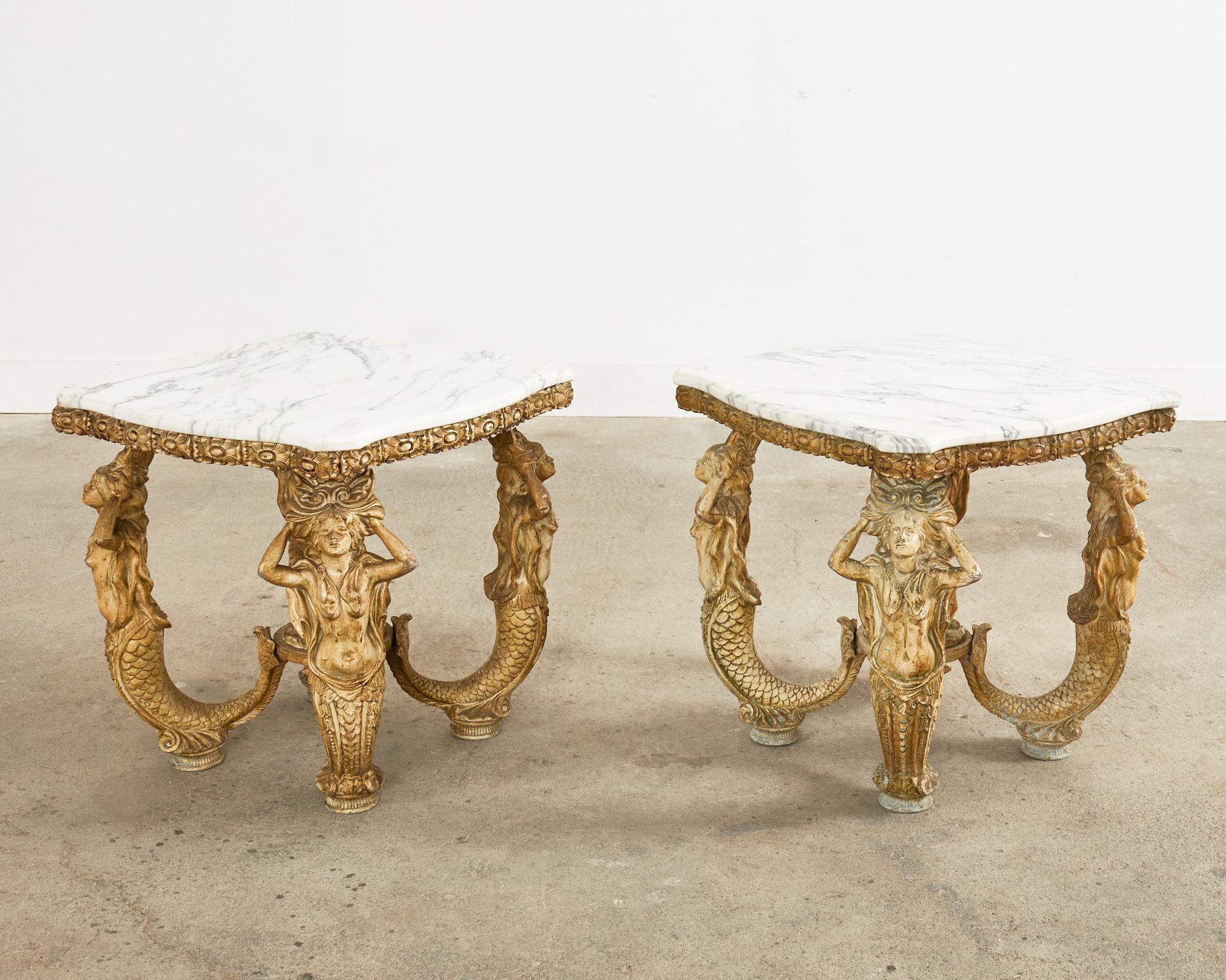20th Century Pair of Venetian Grotto Style Marble Top Tables with Mermaids