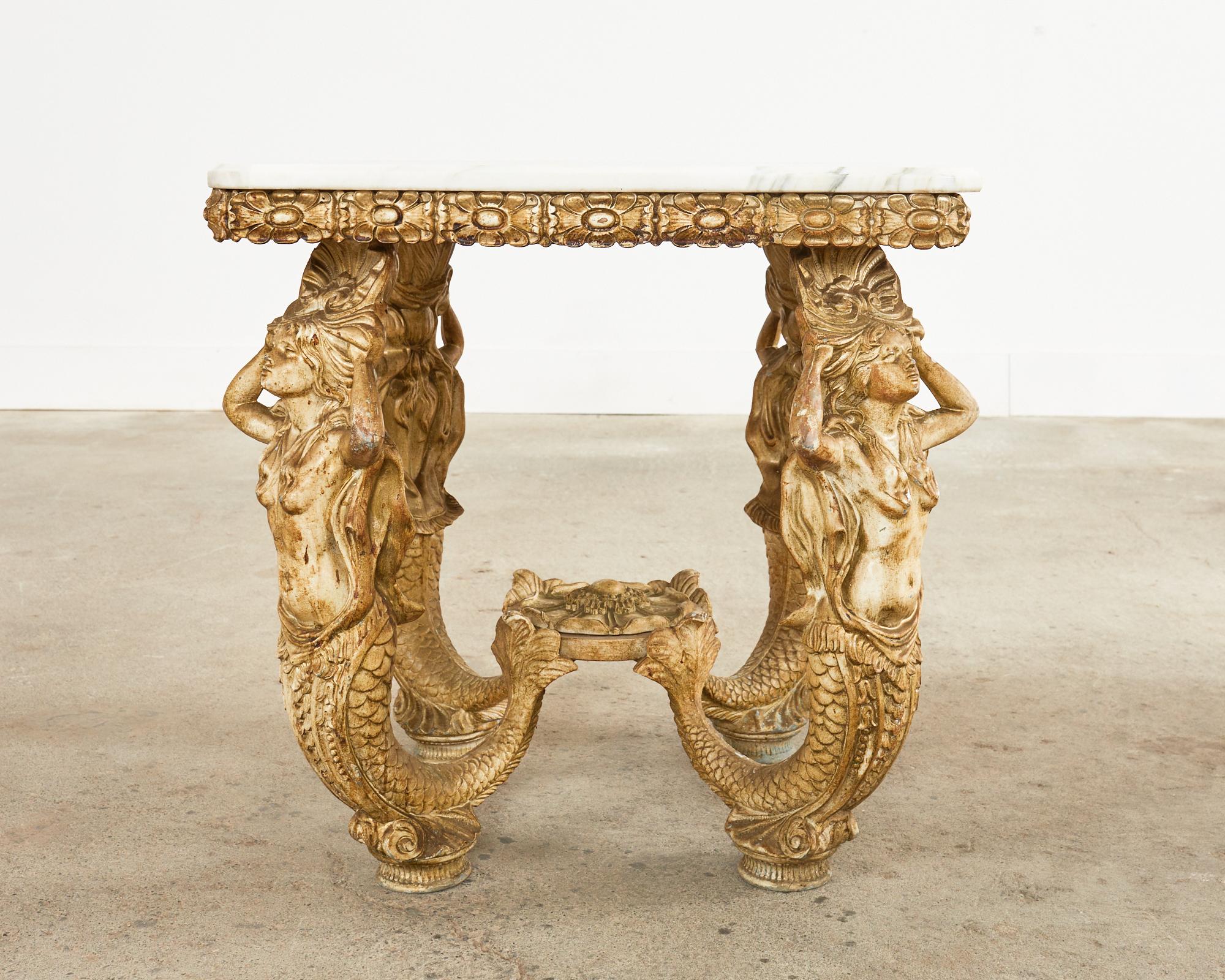 Pair of Venetian Grotto Style Marble Top Tables with Mermaids 1