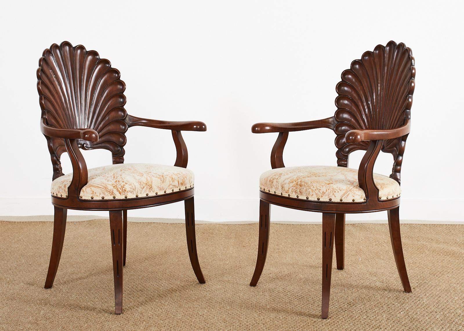 Hollywood Regency Pair of Venetian Grotto Style Walnut Shell Back Dining Armchairs For Sale