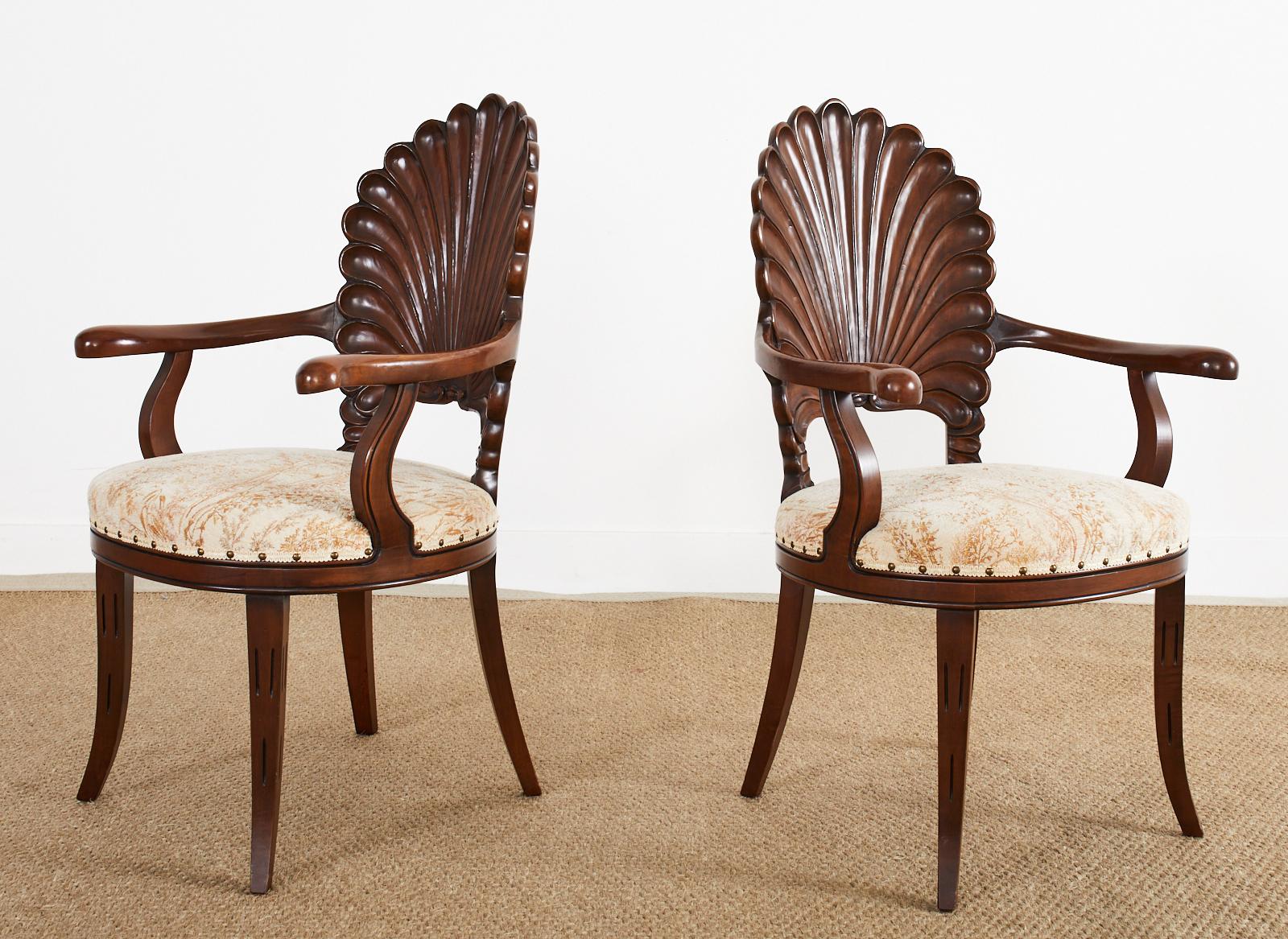 Italian Pair of Venetian Grotto Style Walnut Shell Back Dining Armchairs For Sale
