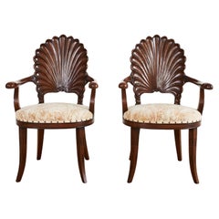 Pair of Venetian Grotto Style Walnut Shell Back Dining Armchairs