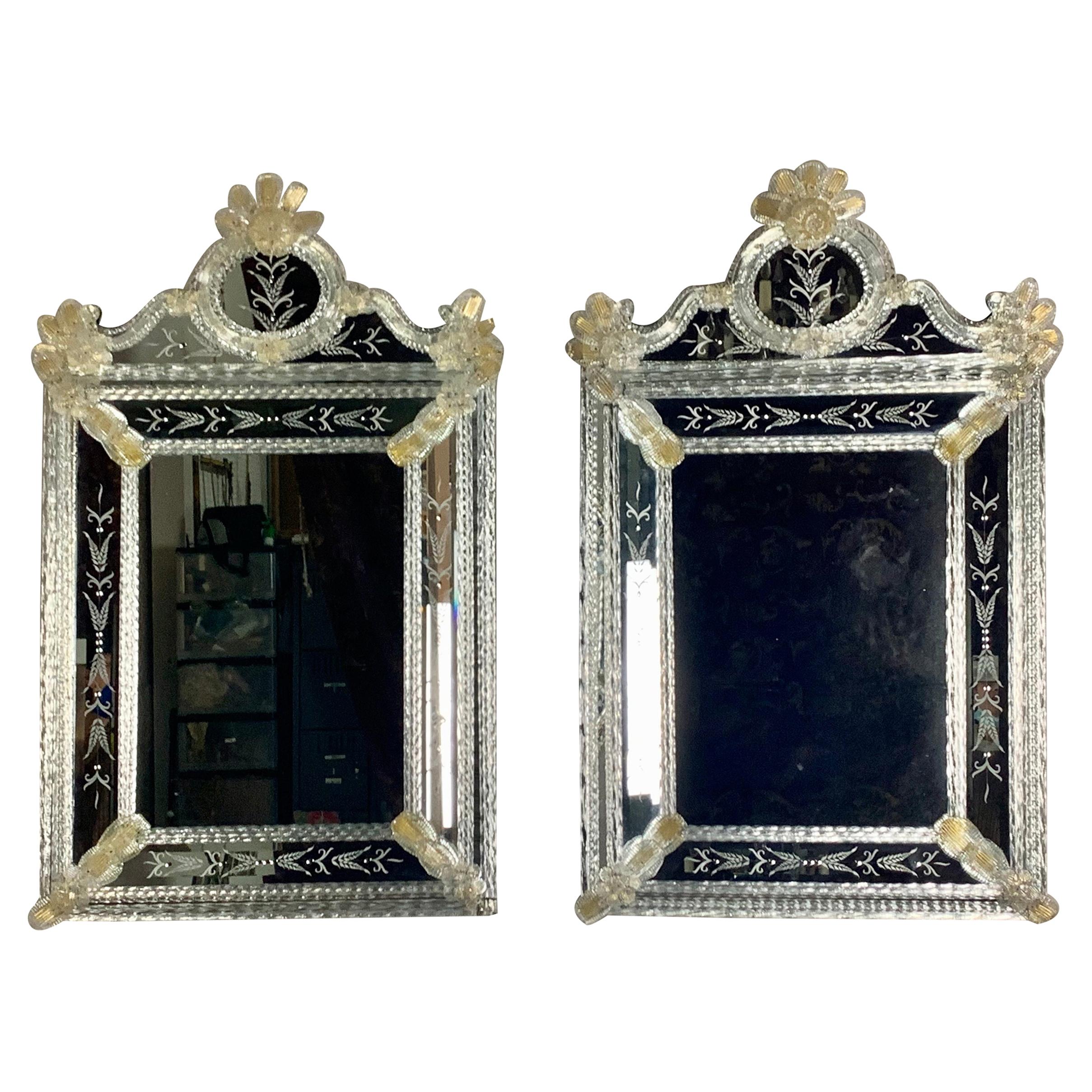 Pair of Venetian Hand Blown Glass Murano Mirrors, C. 1940's