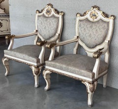 Pareja de Sillones Venecianos Pintados a Mano en Blanco Pintura Antigua y Madera Dorada