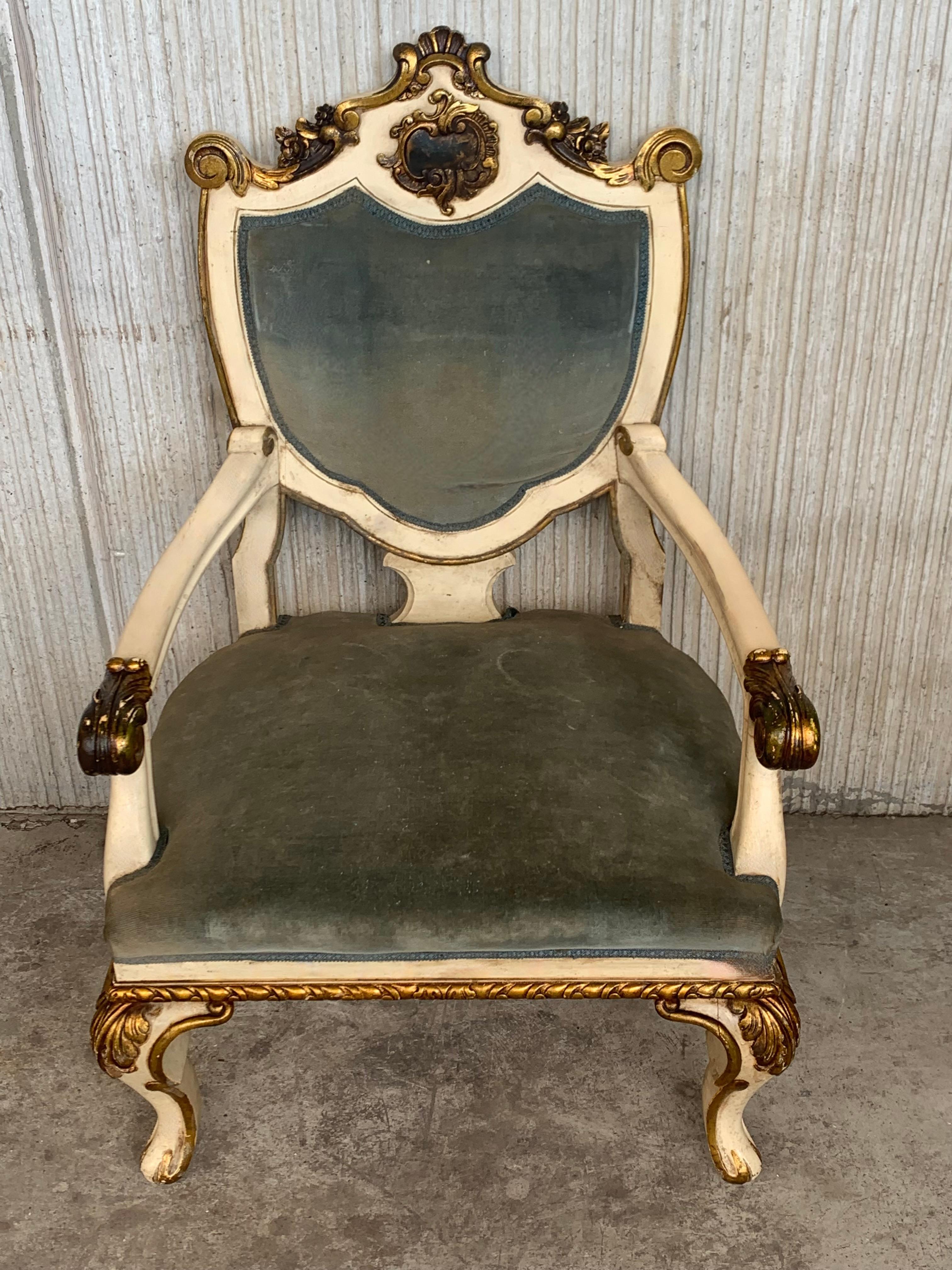 Italian Pair of Venetian Hand Painted Armchairs in White Antique Painting and Giltwood For Sale