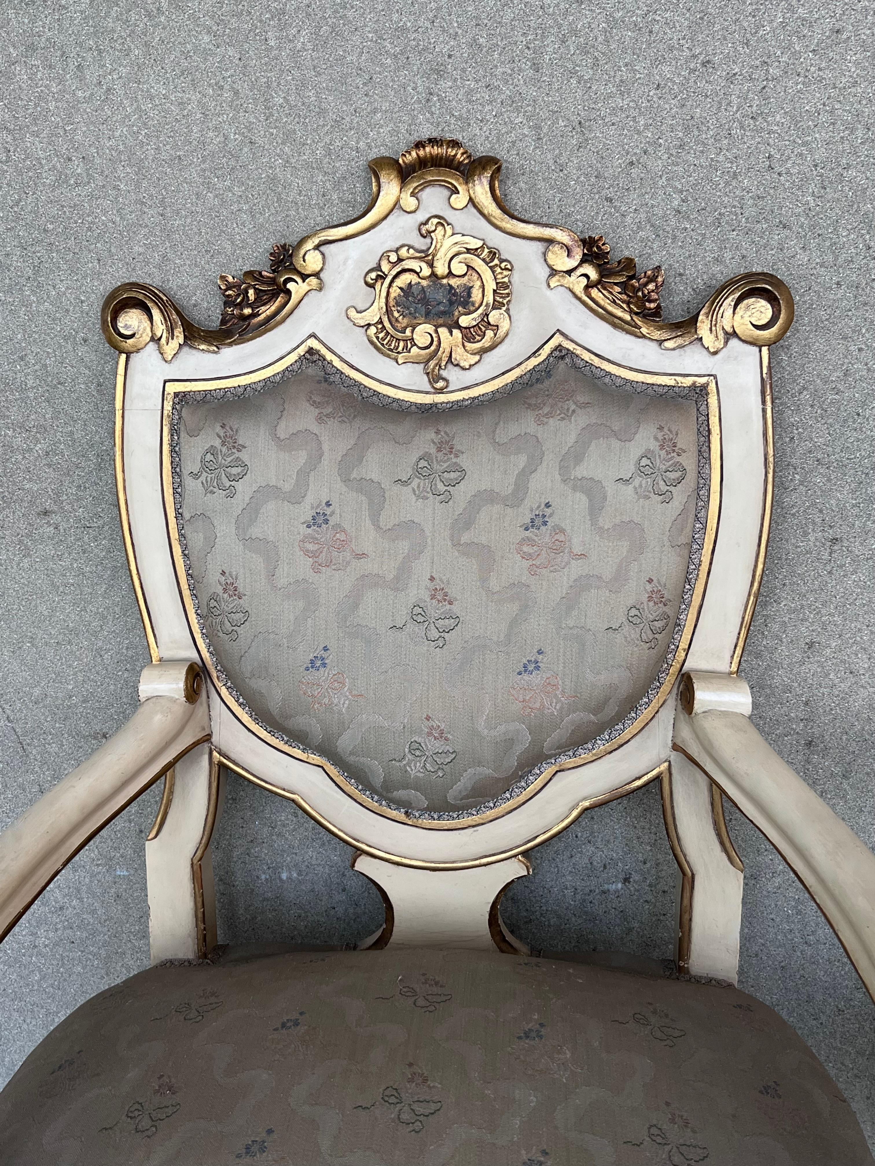 19th Century Pair of Venetian Hand Painted Armchairs in White Antique Painting and Giltwood For Sale