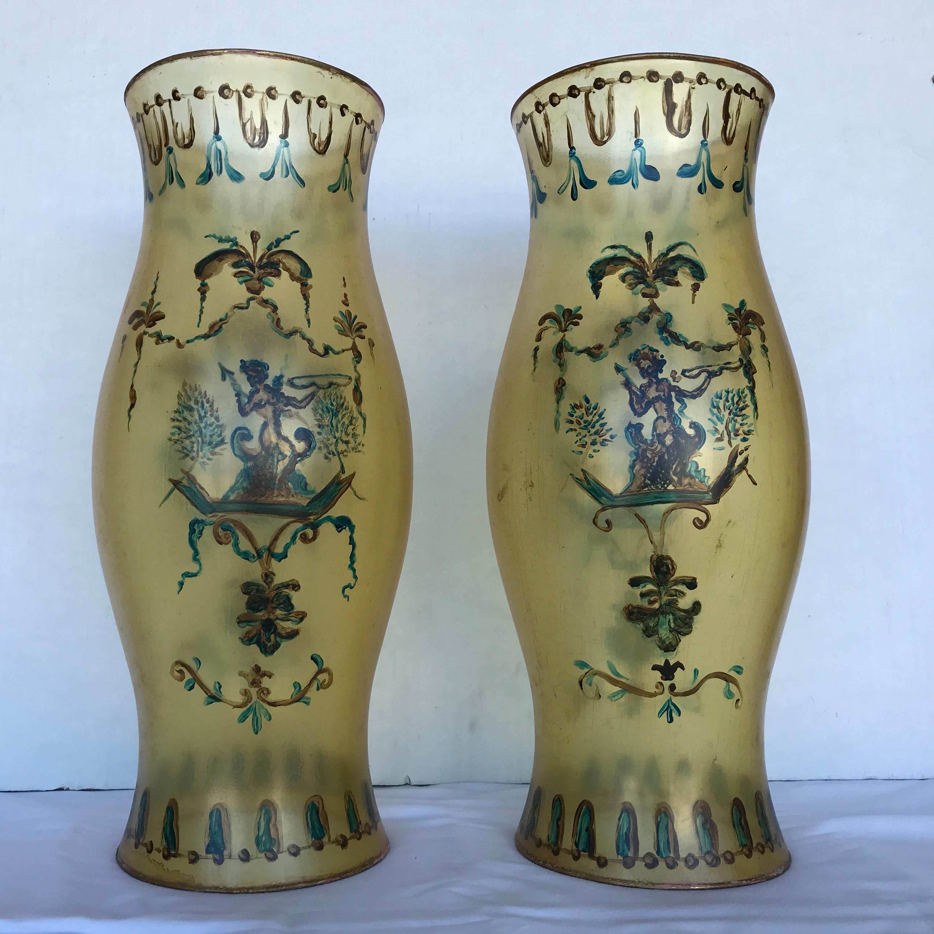 Wonderful greenish yellow color - hand painted with fanciful male and female figures
playing musical instruments.
 
