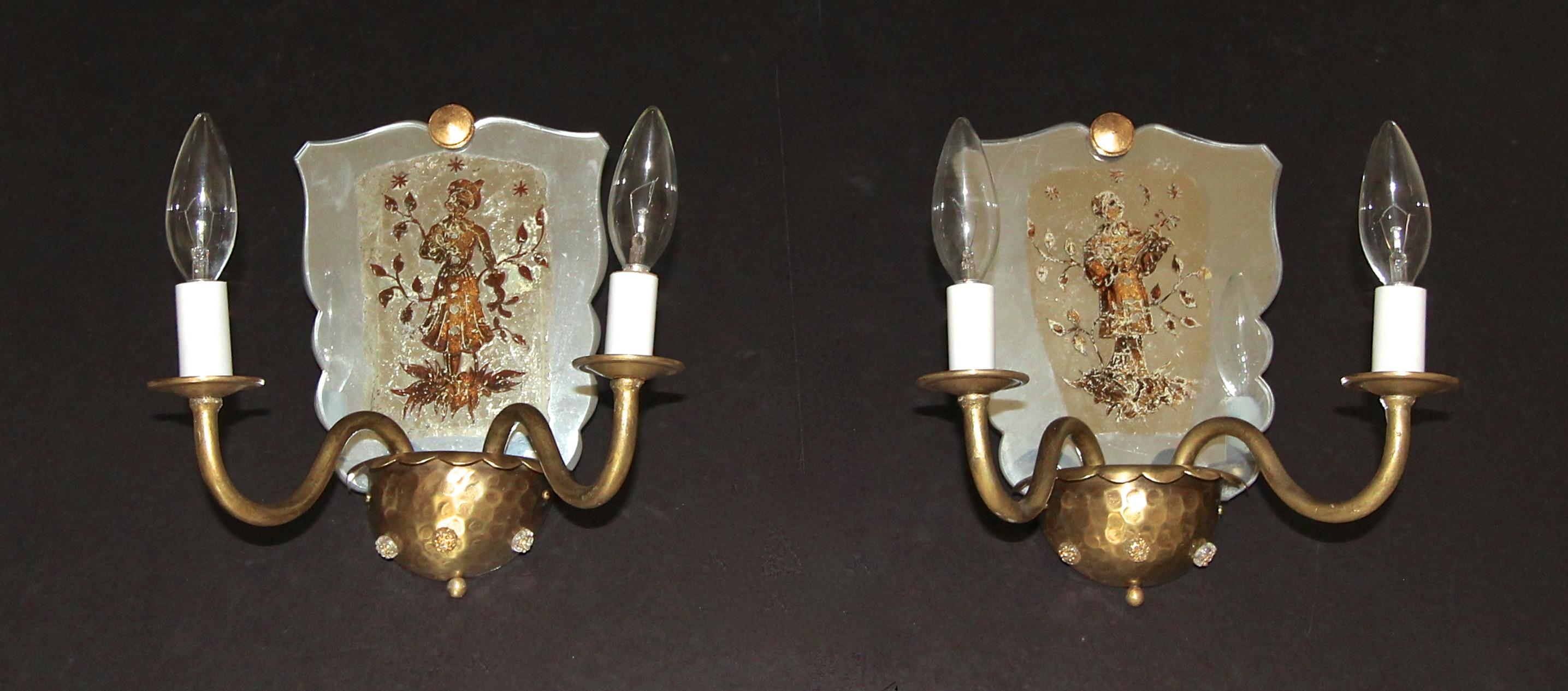 Glass Pair of Venetian Italian Mirrored Wall Light Sconces For Sale