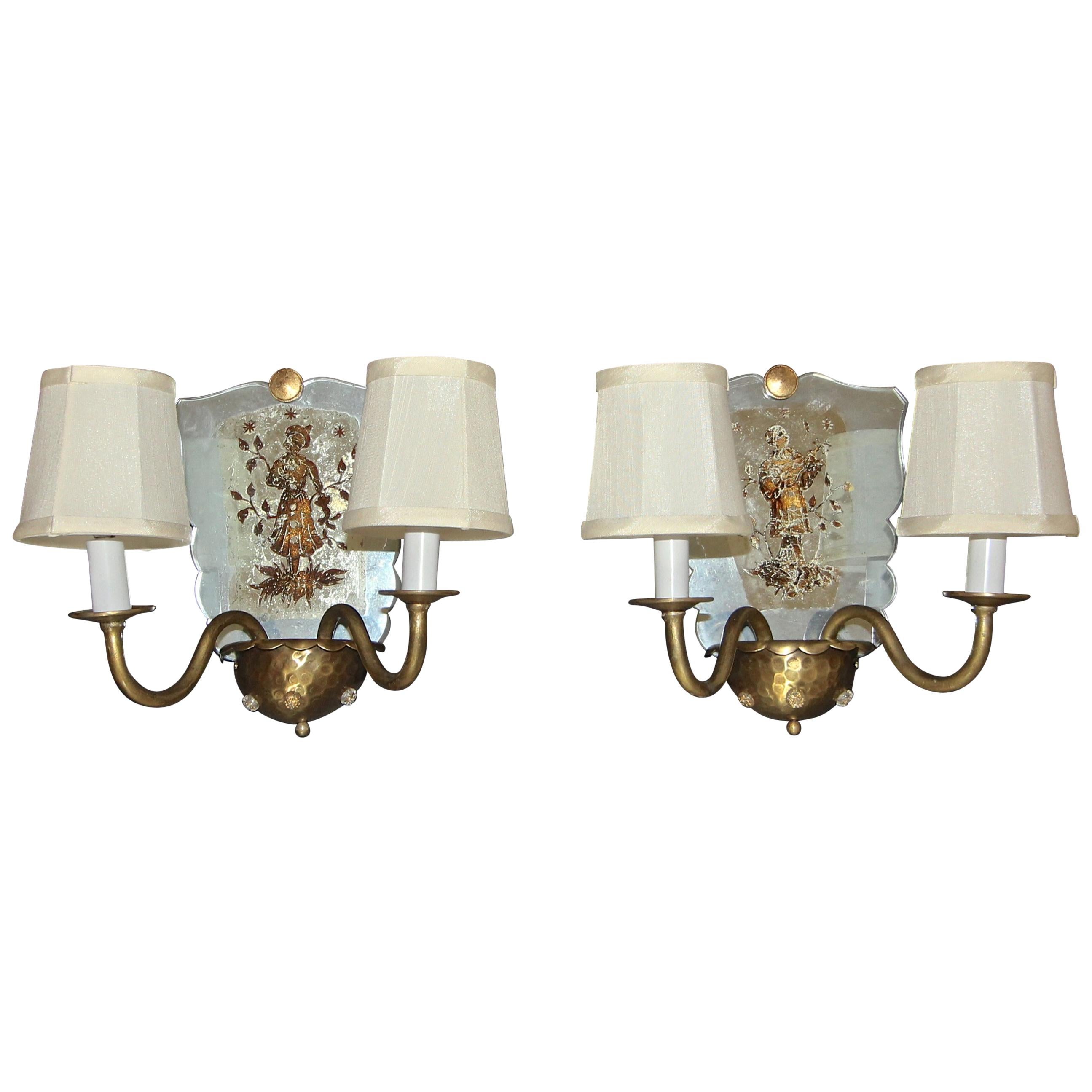 Pair of Venetian Italian Mirrored Wall Light Sconces For Sale