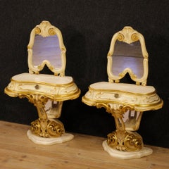 Pair of Venetian Lacquered and Gilded Bedside Tables with Mirrors