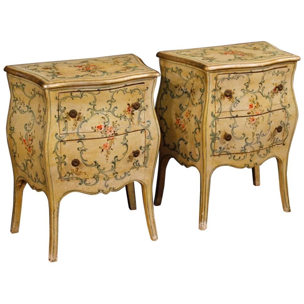 Pair of Venetian Lacquered and Painted Wooden Bedside Tables from 20th Century