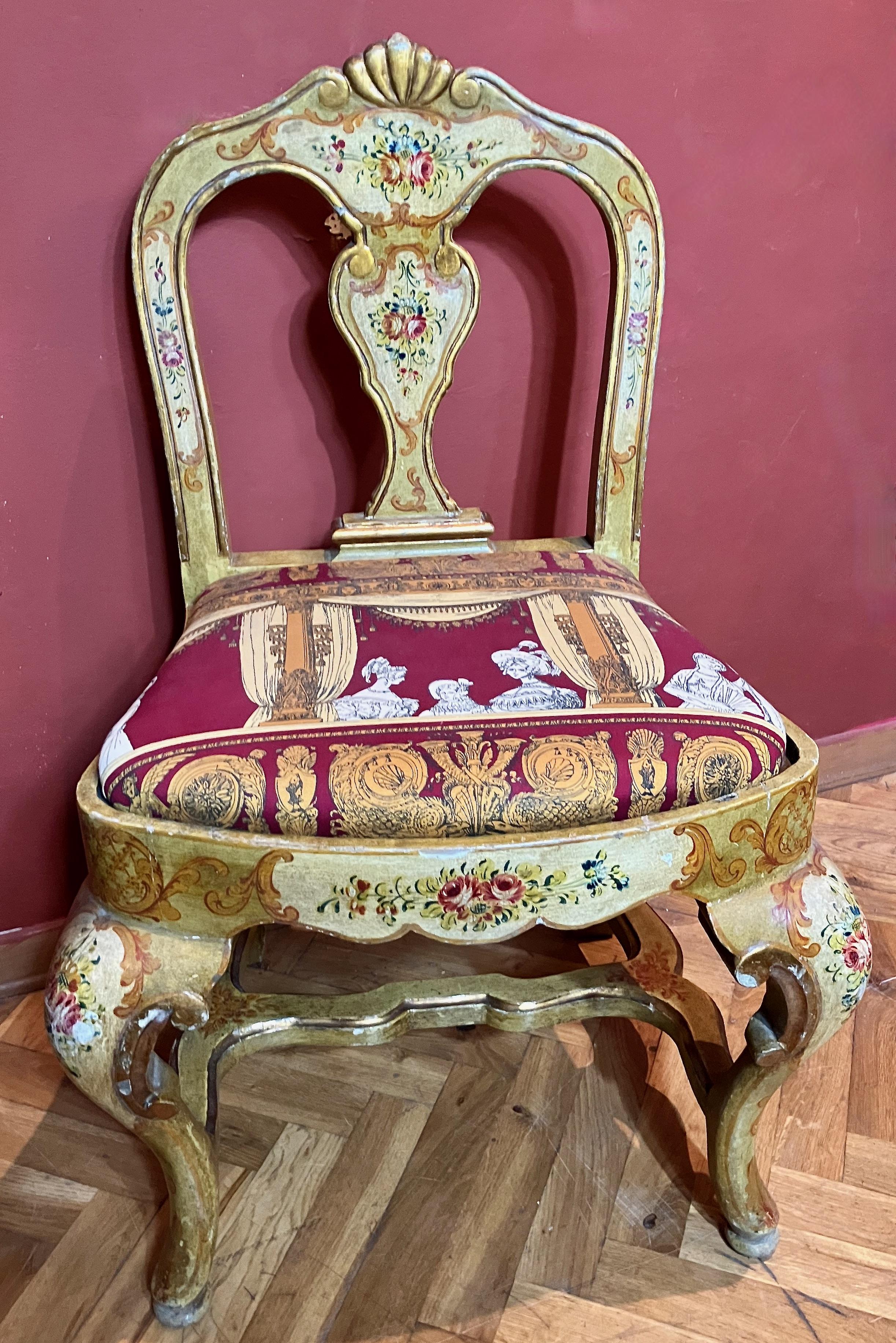 Pair of Venetian Lacquered Rococo Style Chairs with Fornasetti Upholstery For Sale 3