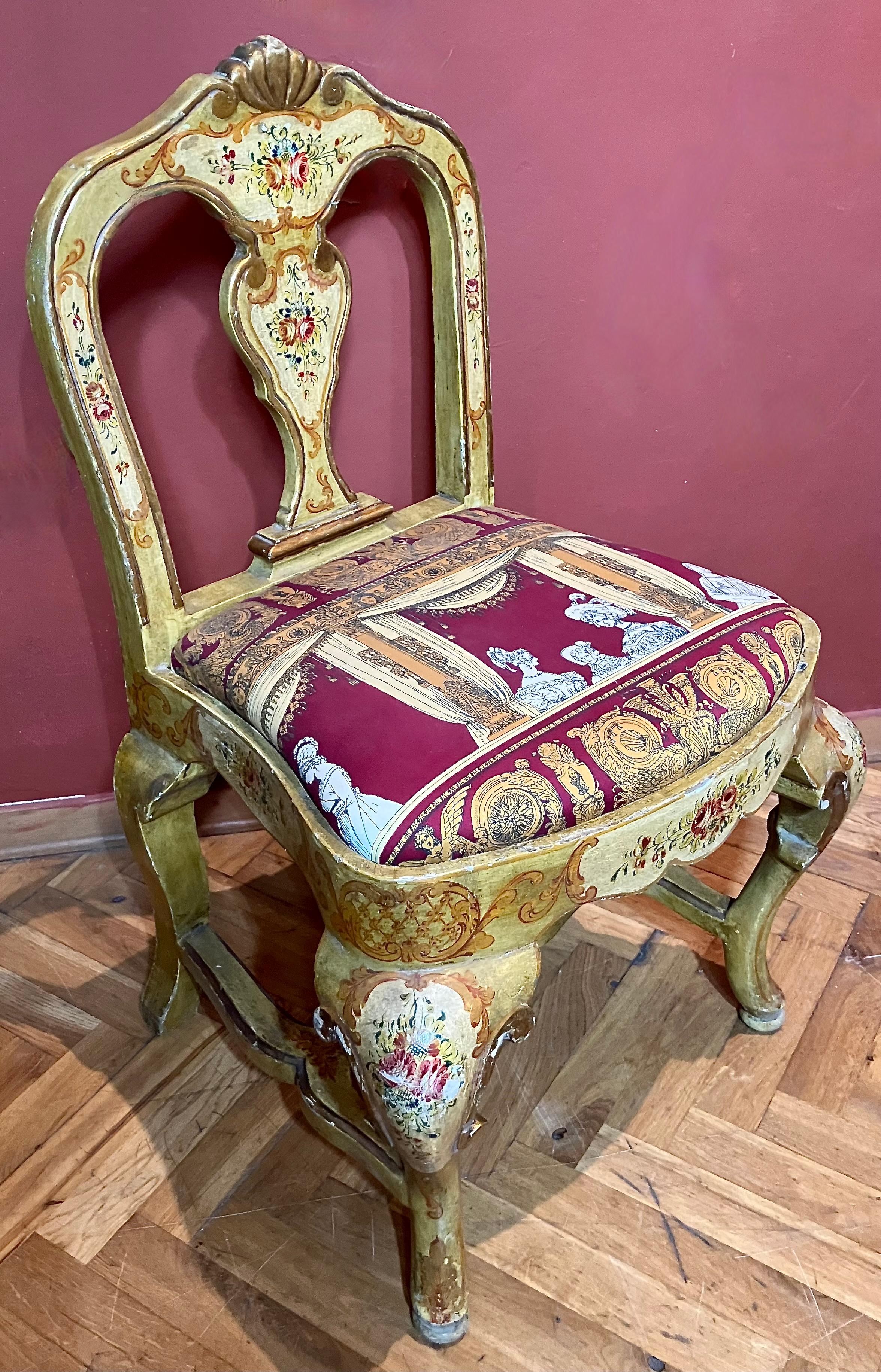 Pair of Venetian Lacquered Rococo Style Chairs with Fornasetti Upholstery For Sale 4