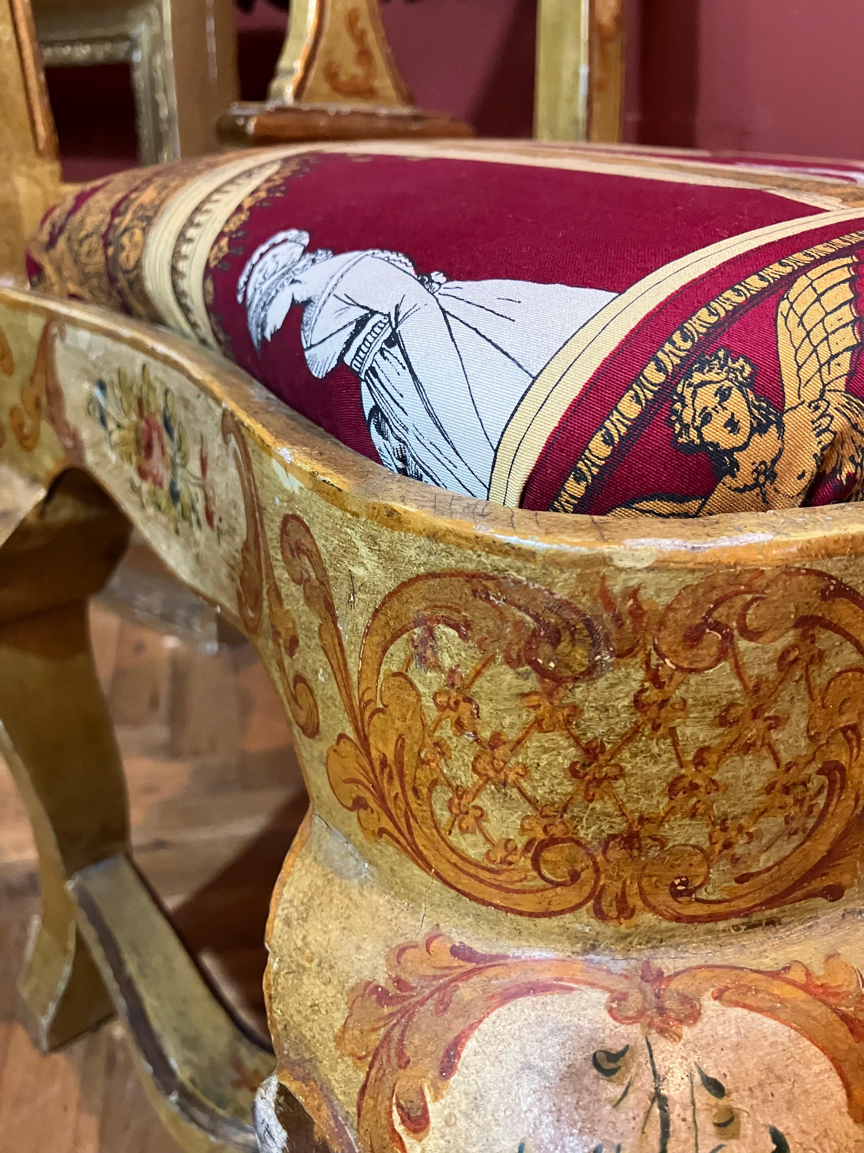 Pair of Venetian Lacquered Rococo Style Chairs with Fornasetti Upholstery For Sale 5