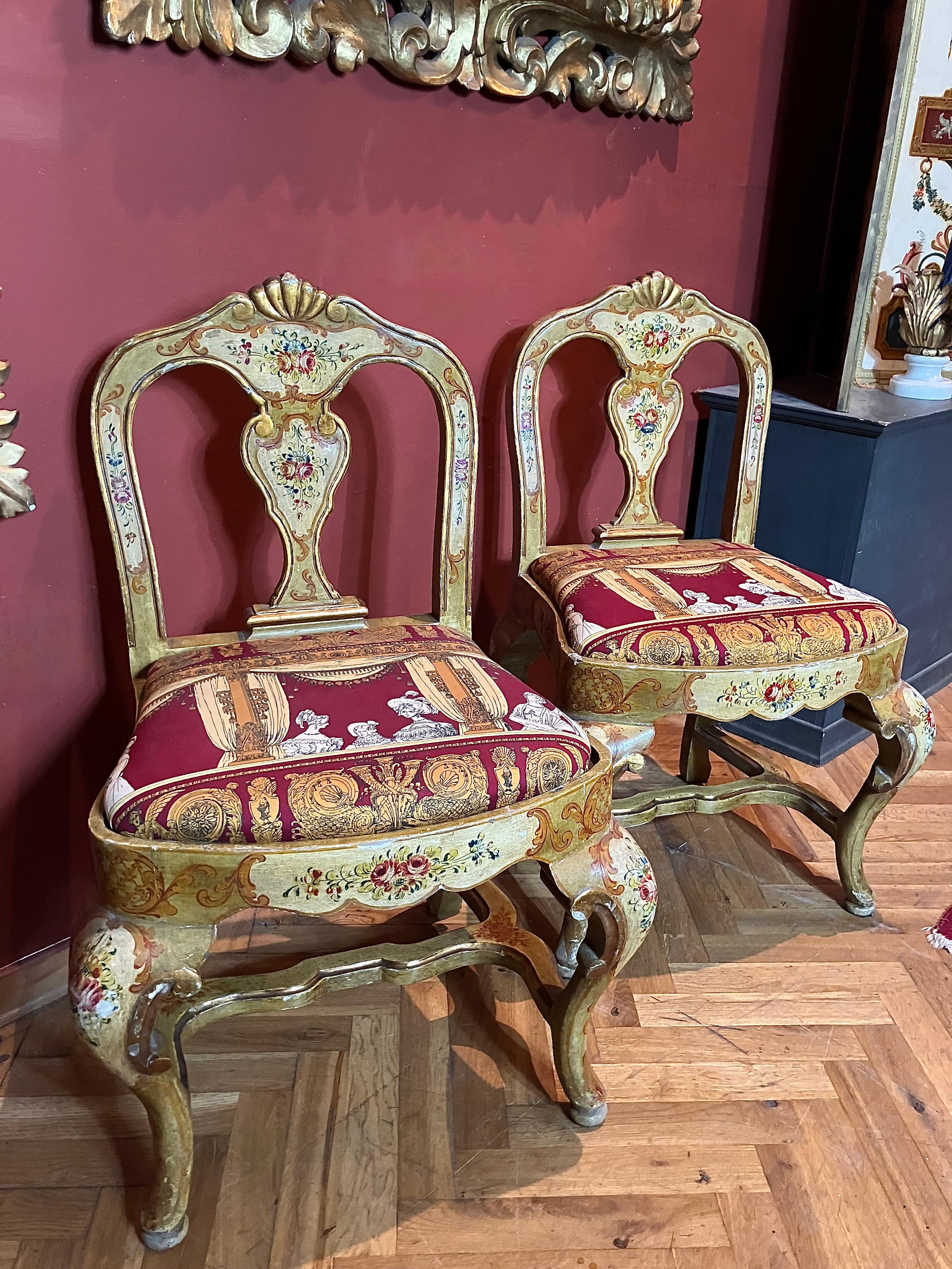 Italian Pair of Venetian Lacquered Rococo Style Chairs with Fornasetti Upholstery For Sale