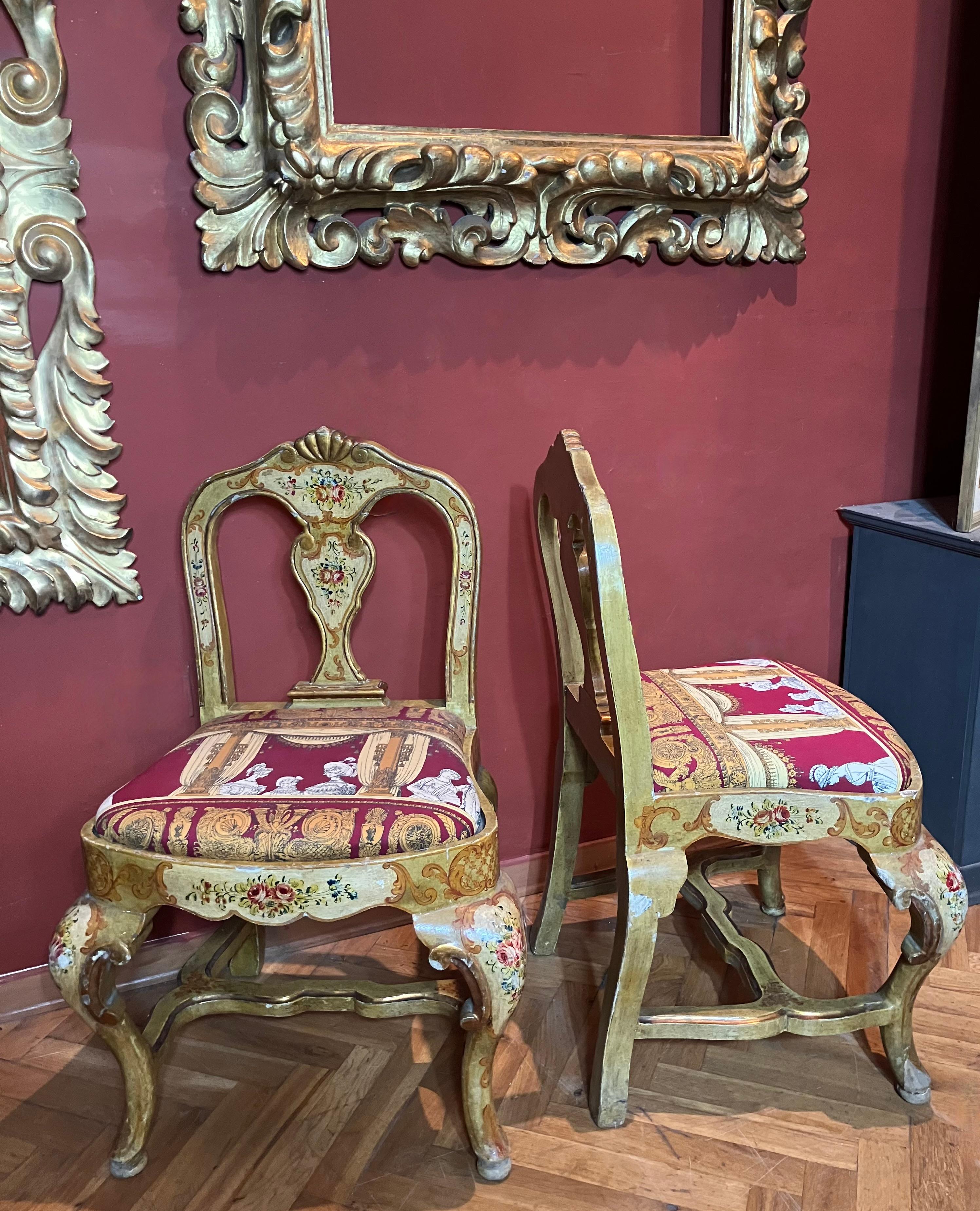 Hand-Carved Pair of Venetian Lacquered Rococo Style Chairs with Fornasetti Upholstery For Sale