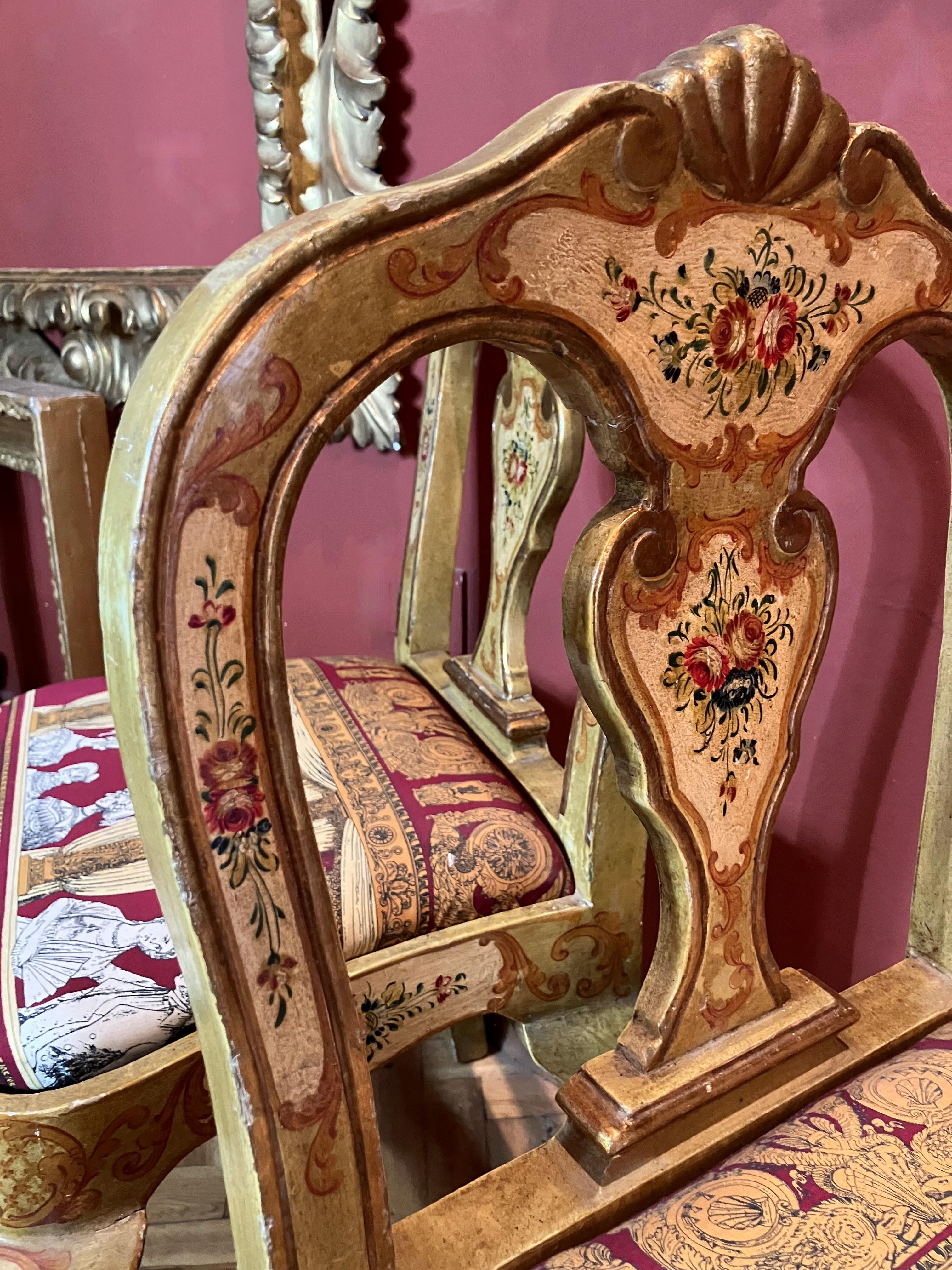 Pair of Venetian Lacquered Rococo Style Chairs with Fornasetti Upholstery In Good Condition For Sale In Firenze, IT