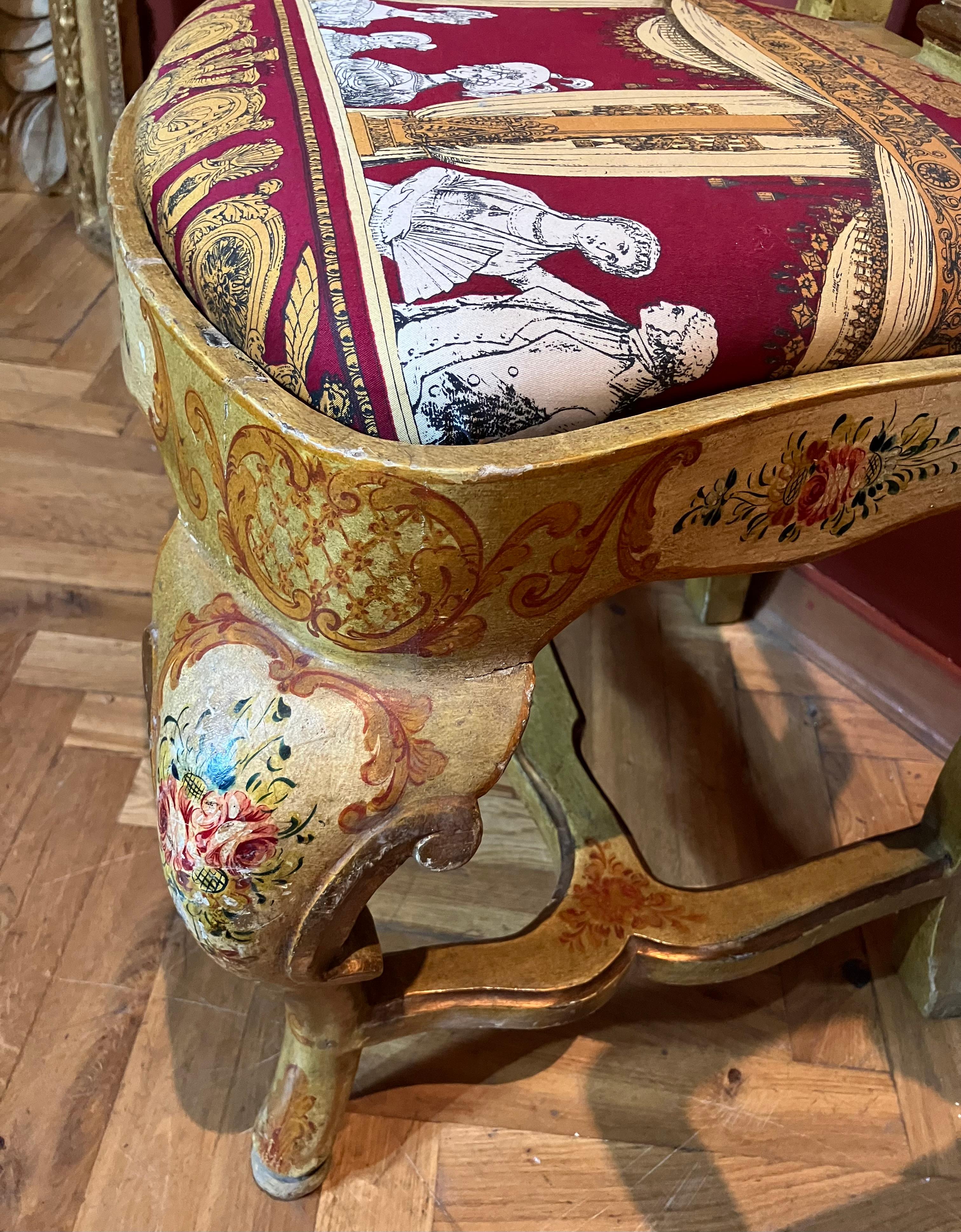 19th Century Pair of Venetian Lacquered Rococo Style Chairs with Fornasetti Upholstery For Sale