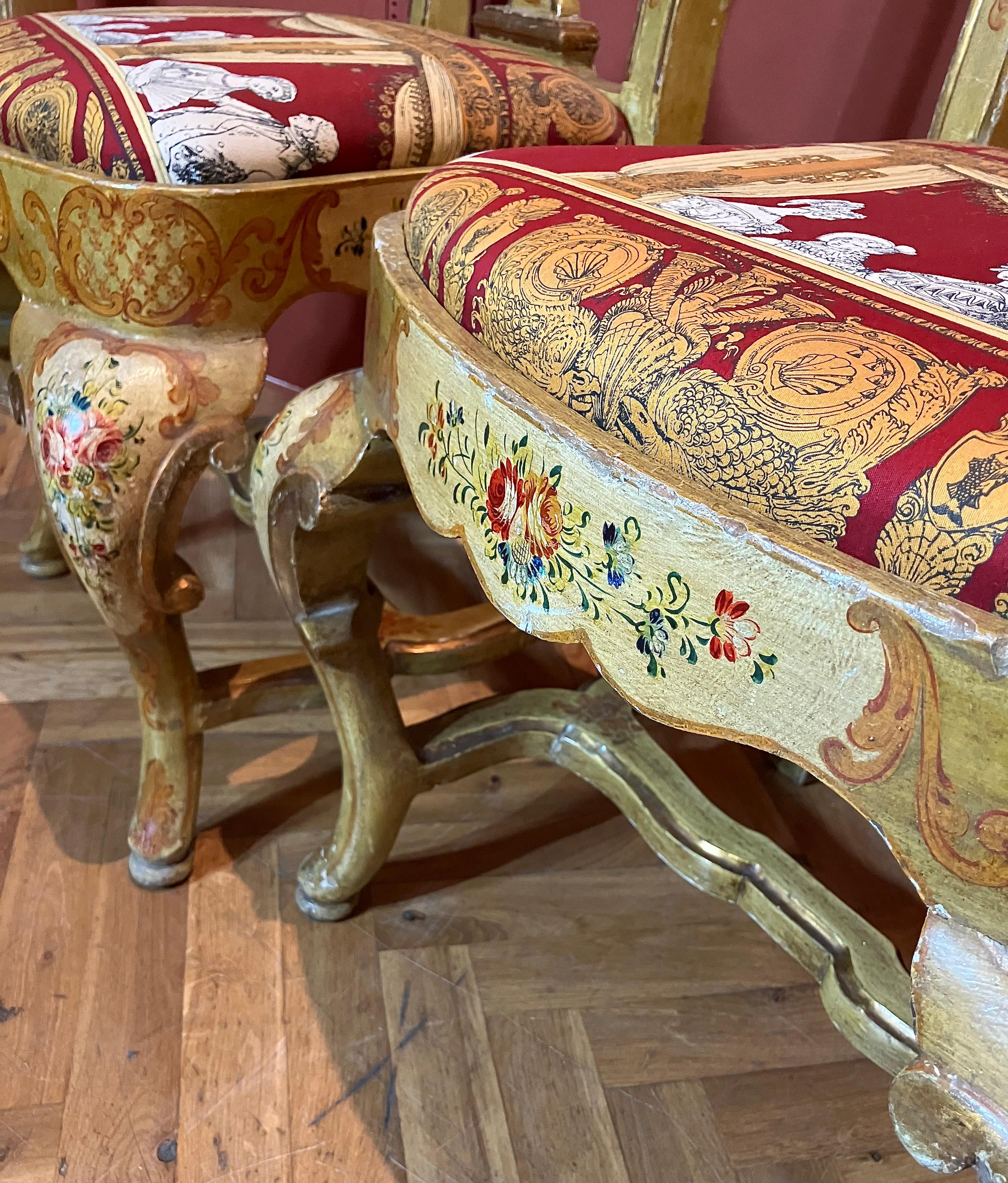 Wood Pair of Venetian Lacquered Rococo Style Chairs with Fornasetti Upholstery For Sale