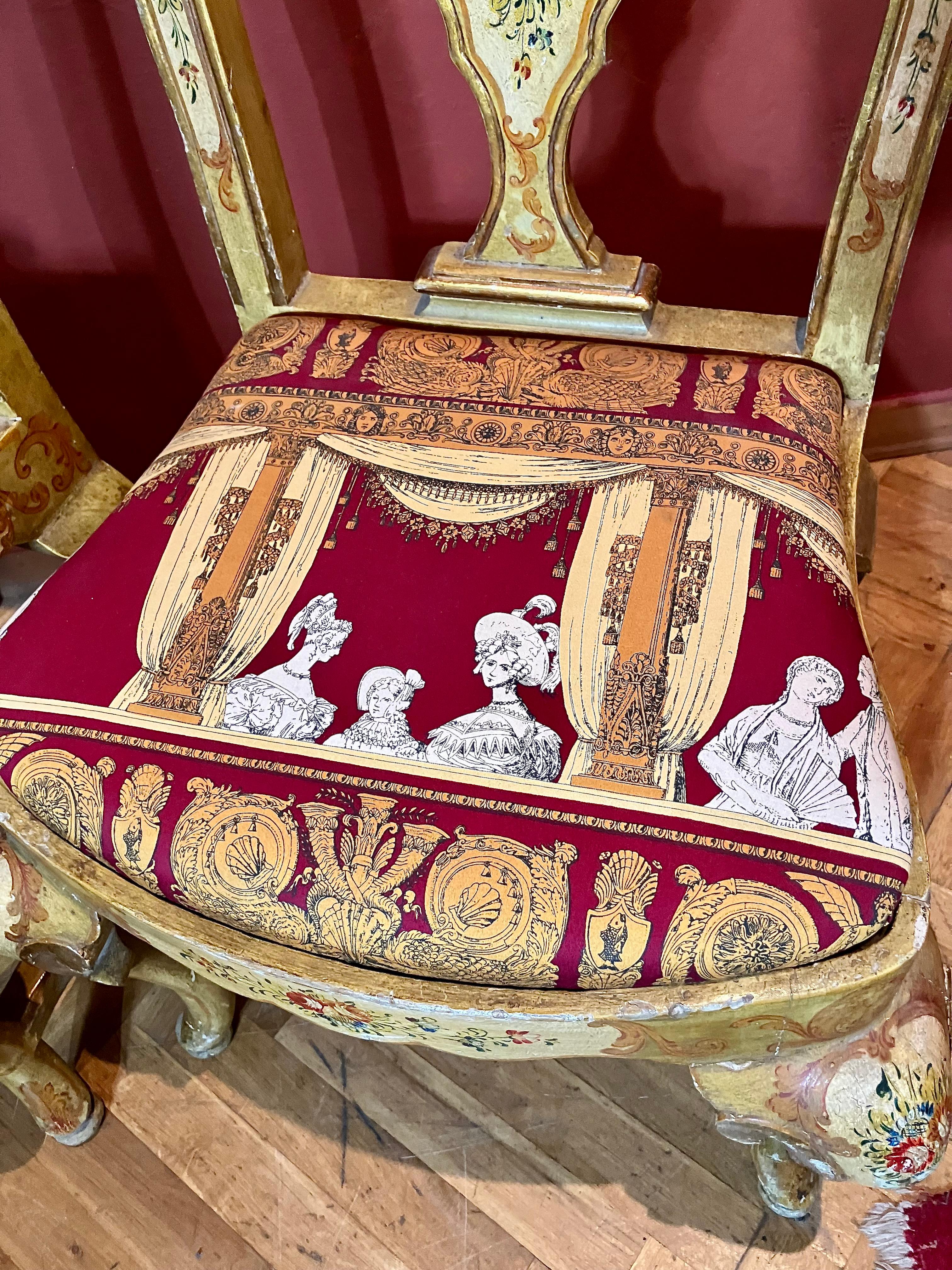 Pair of Venetian Lacquered Rococo Style Chairs with Fornasetti Upholstery For Sale 2