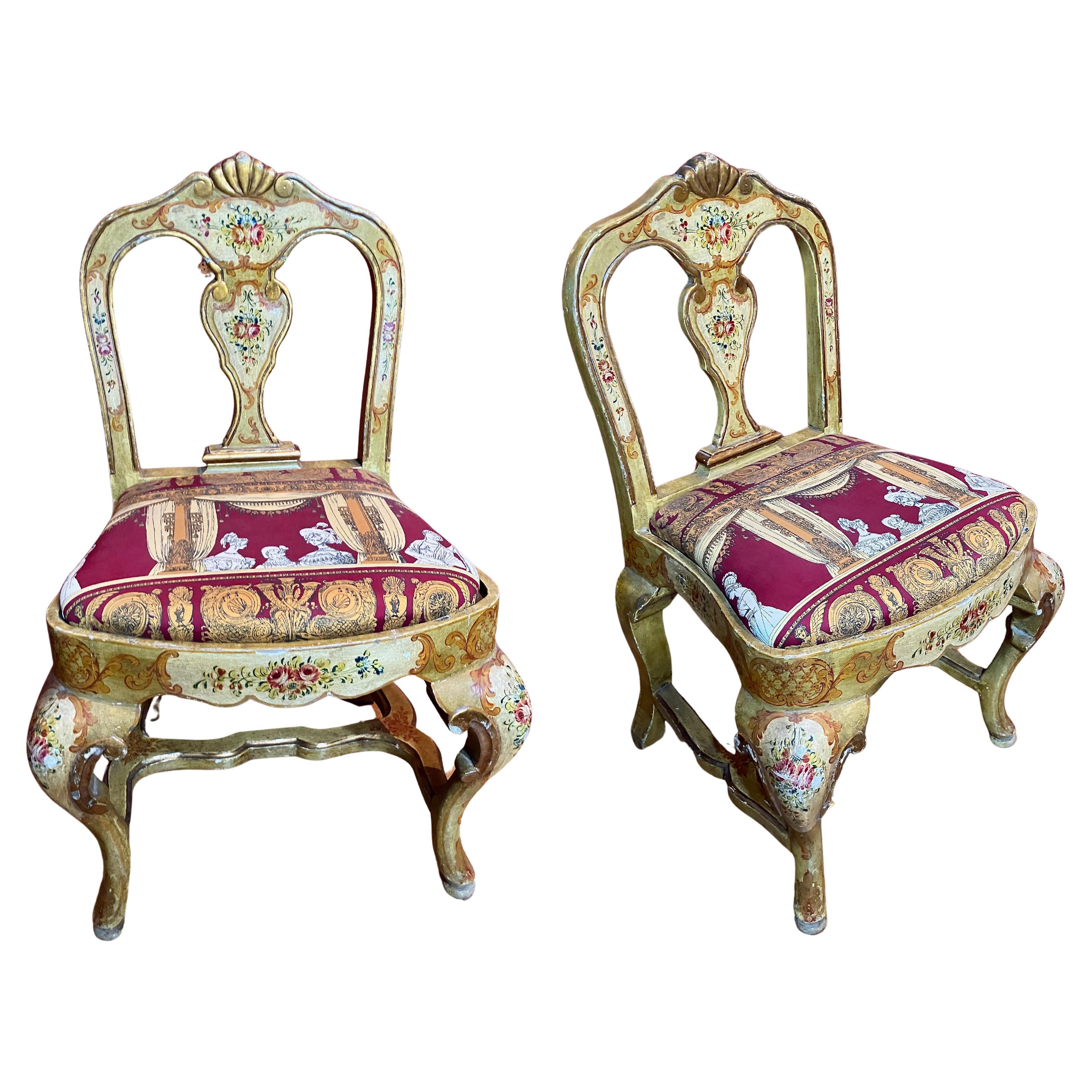 Pair of Venetian Lacquered Rococo Style Chairs with Fornasetti Upholstery