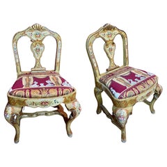 Pair of Venetian Lacquered Rococo Style Chairs with Fornasetti Upholstery