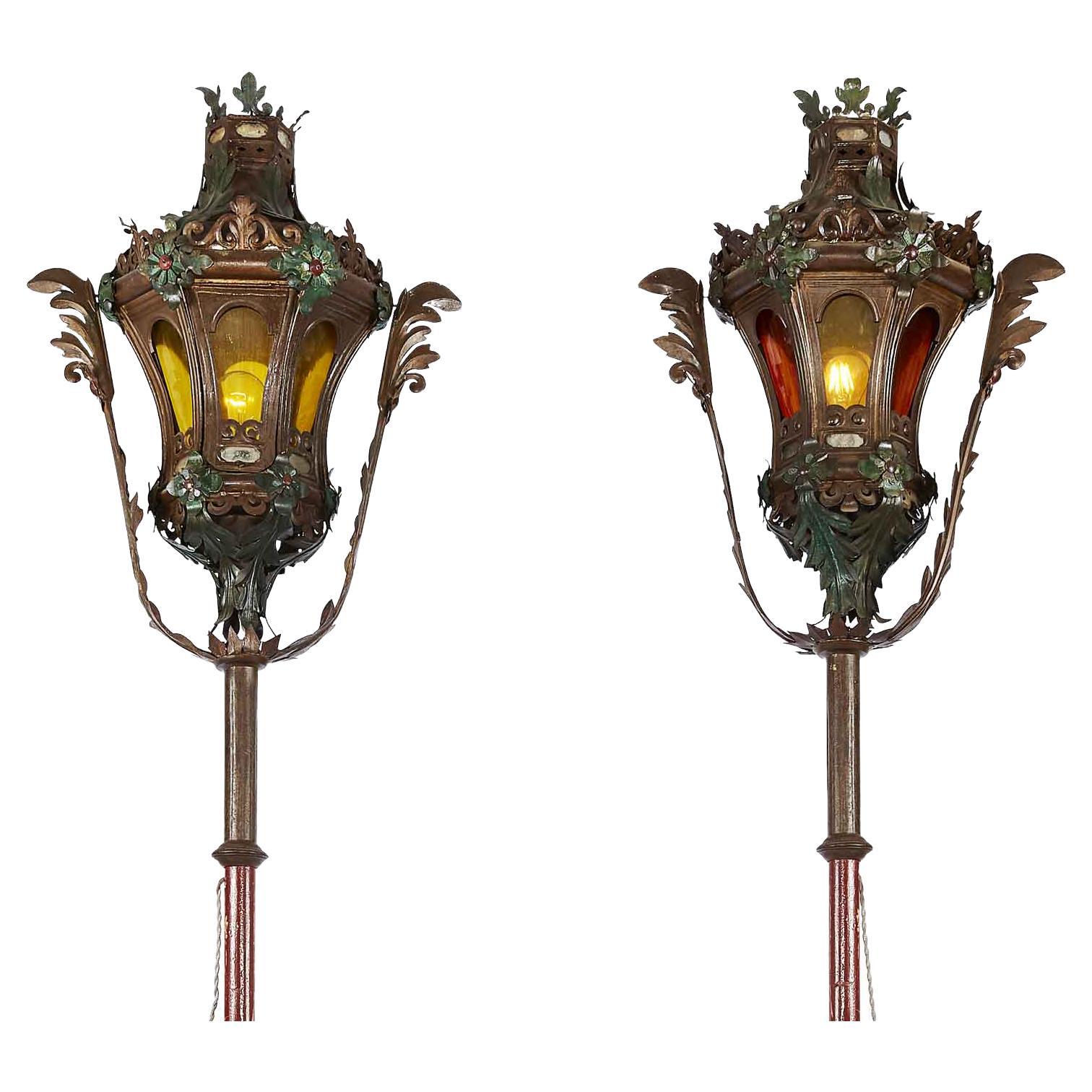 Pair of Venetian Lanterns 19th Century Italian Gondola Lamps Baroque Style For Sale