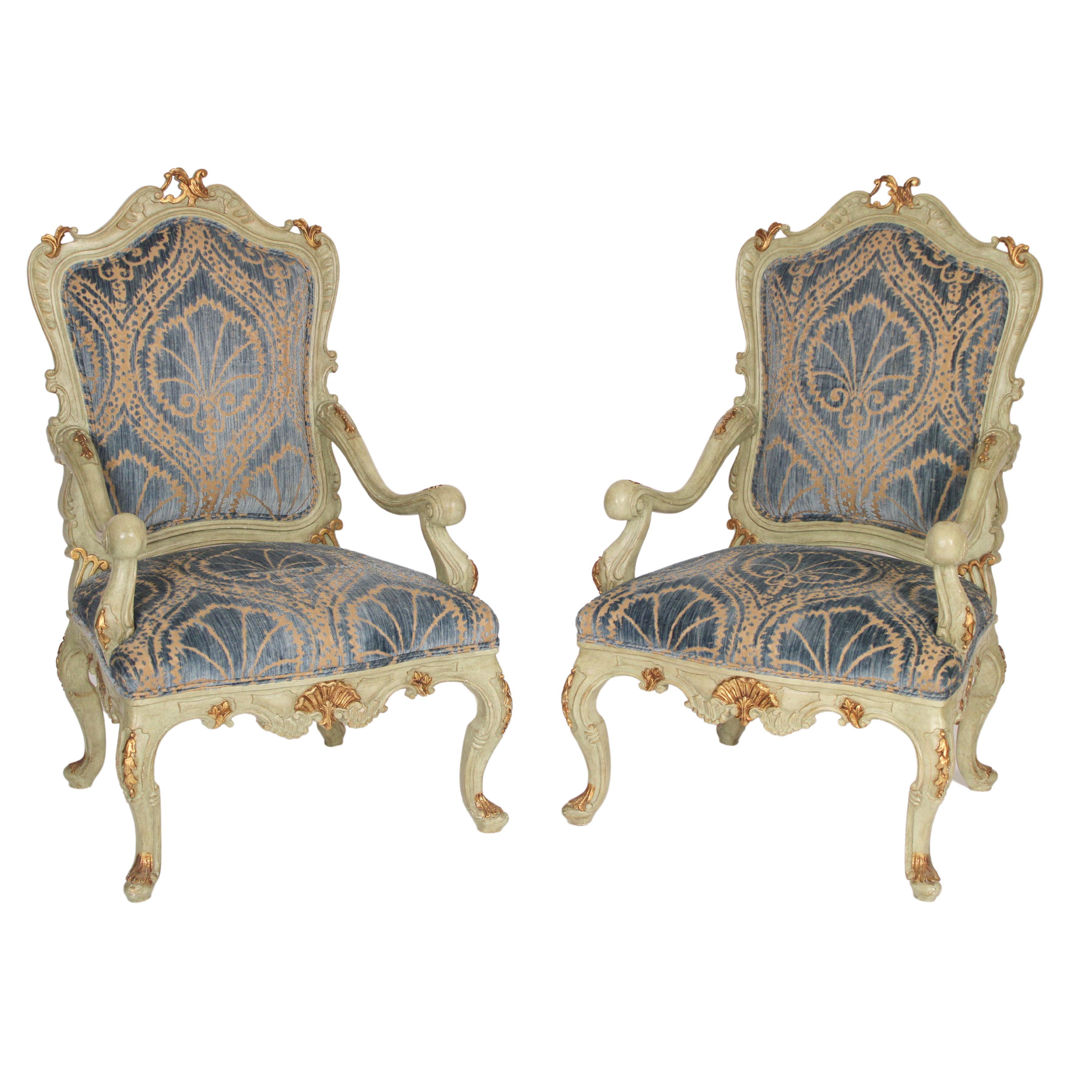 Pair of Venetian Louis XV Style Painted and Gilt Decorated Armchairs