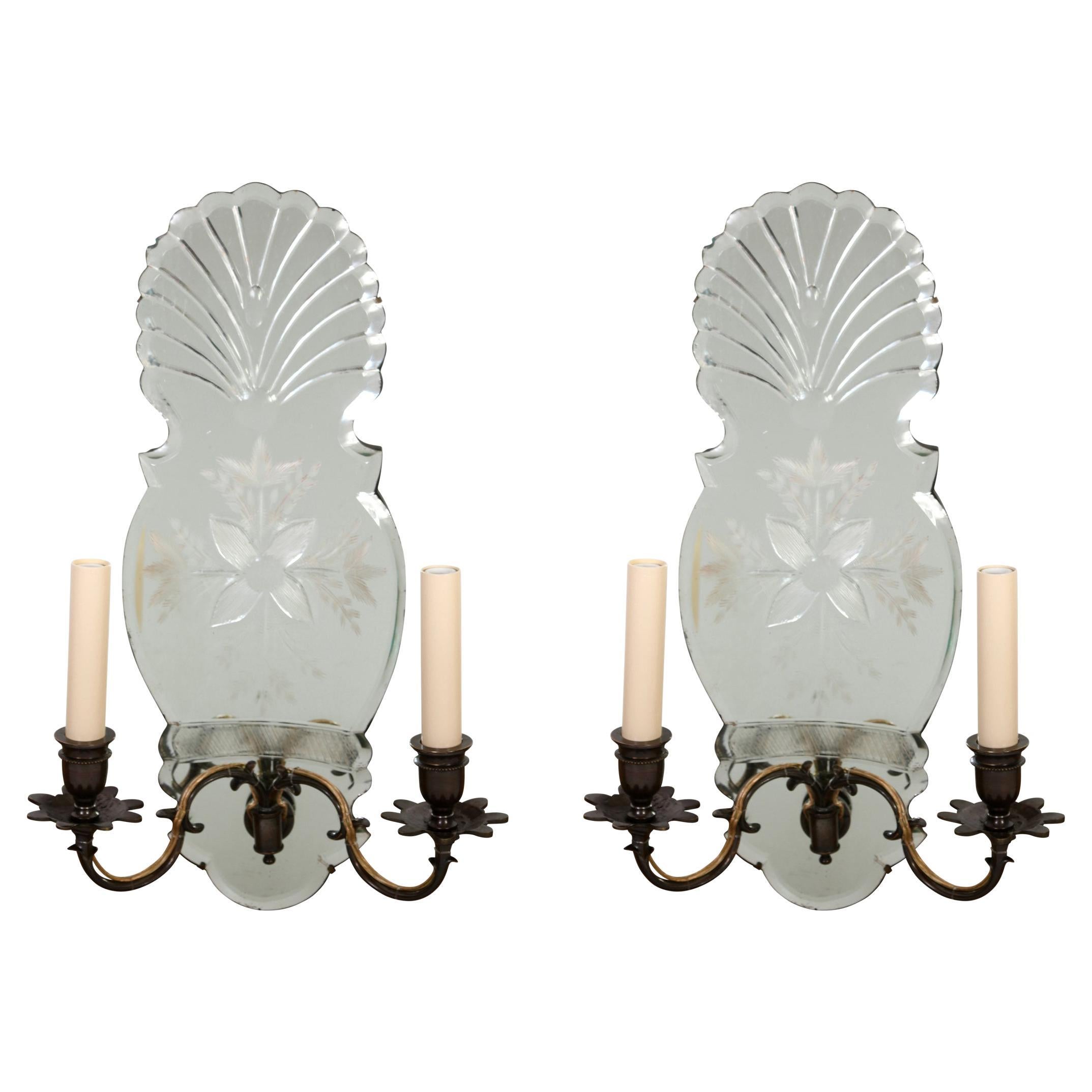 Pair of Venetian Mirrored Back Shell Form Double Arm Sconces For Sale