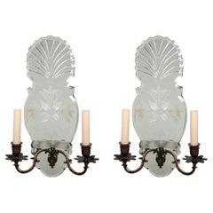 Vintage Pair of Venetian Mirrored Back Shell Form Double Arm Sconces