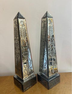 Pair of Venetian mirrored obelisks with etched floral design