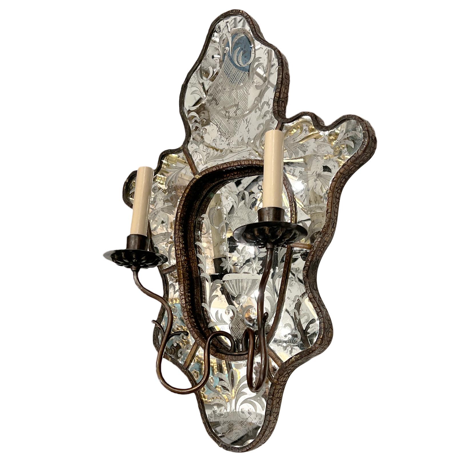 Pair circa 1940's Italian Chinoiserie etched mirror two-arm sconces with original patina.

Measurements:
Height: 23