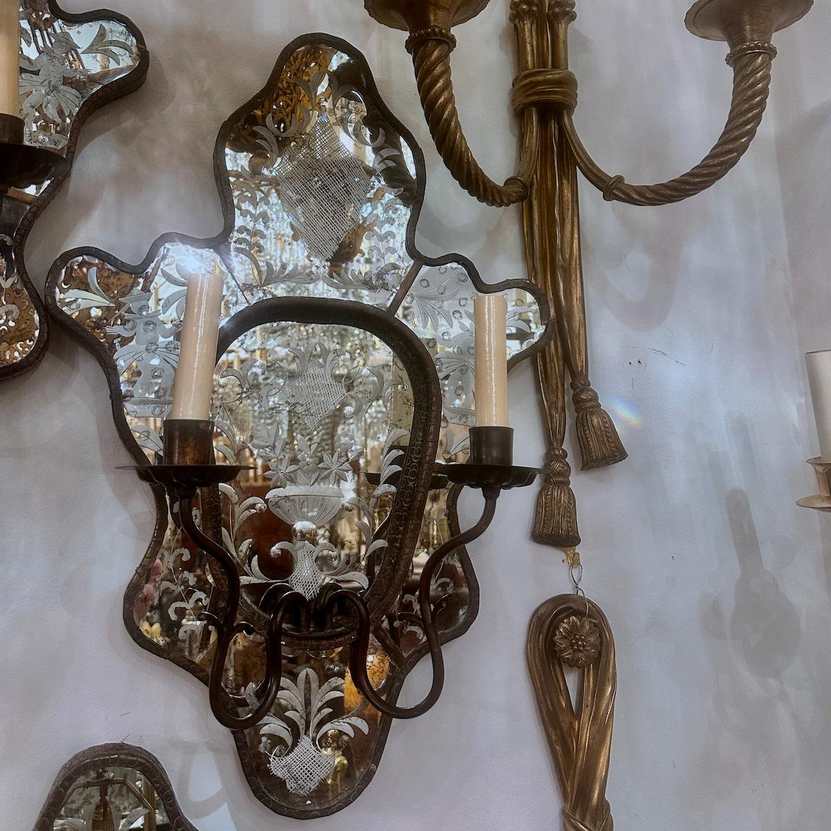 American Pair of Venetian Mirrored Sconces For Sale