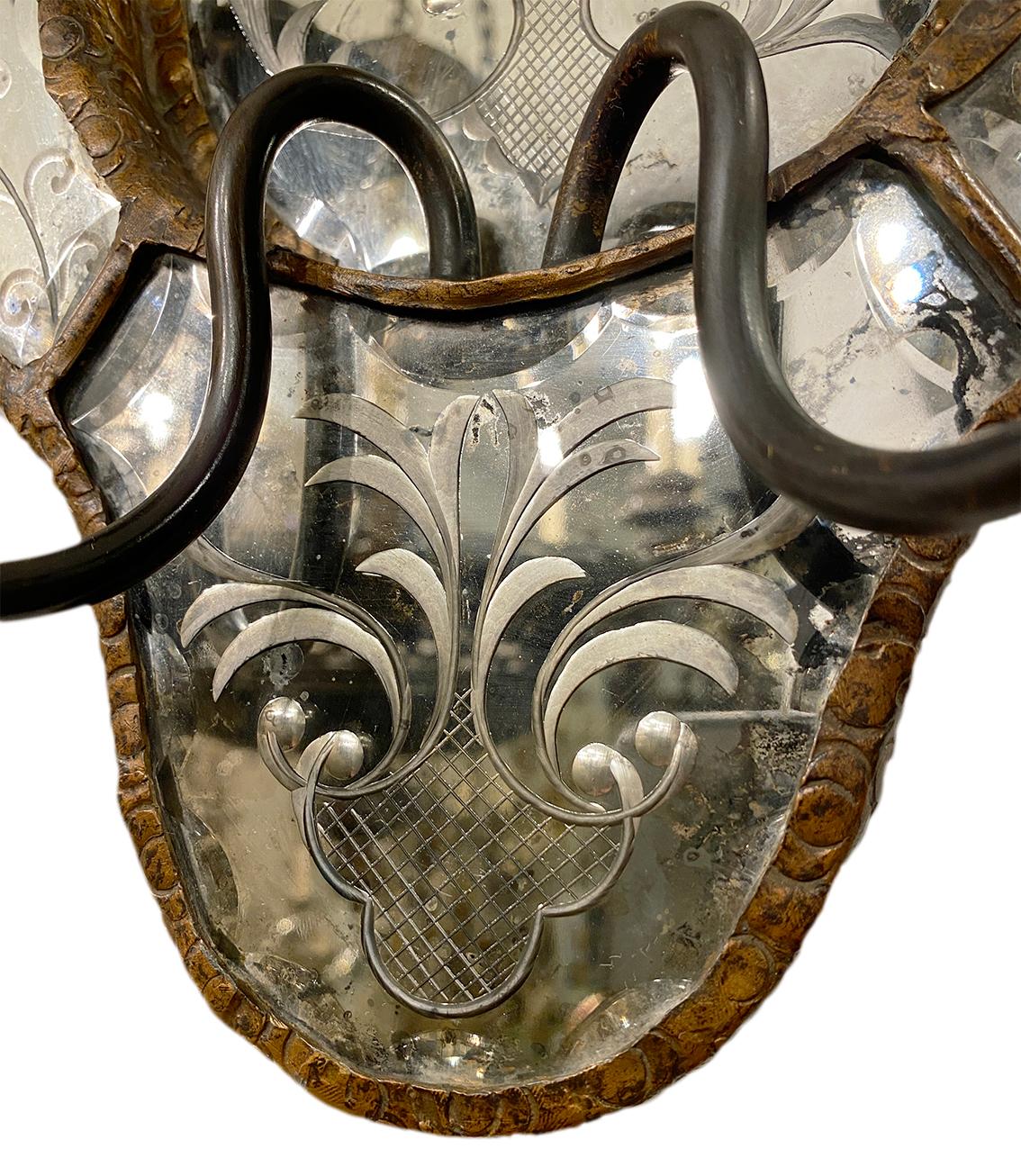 Metal Pair of Venetian Mirrored Sconces For Sale