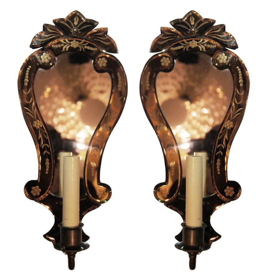 Pair of Venetian Mirrored Sconces For Sale