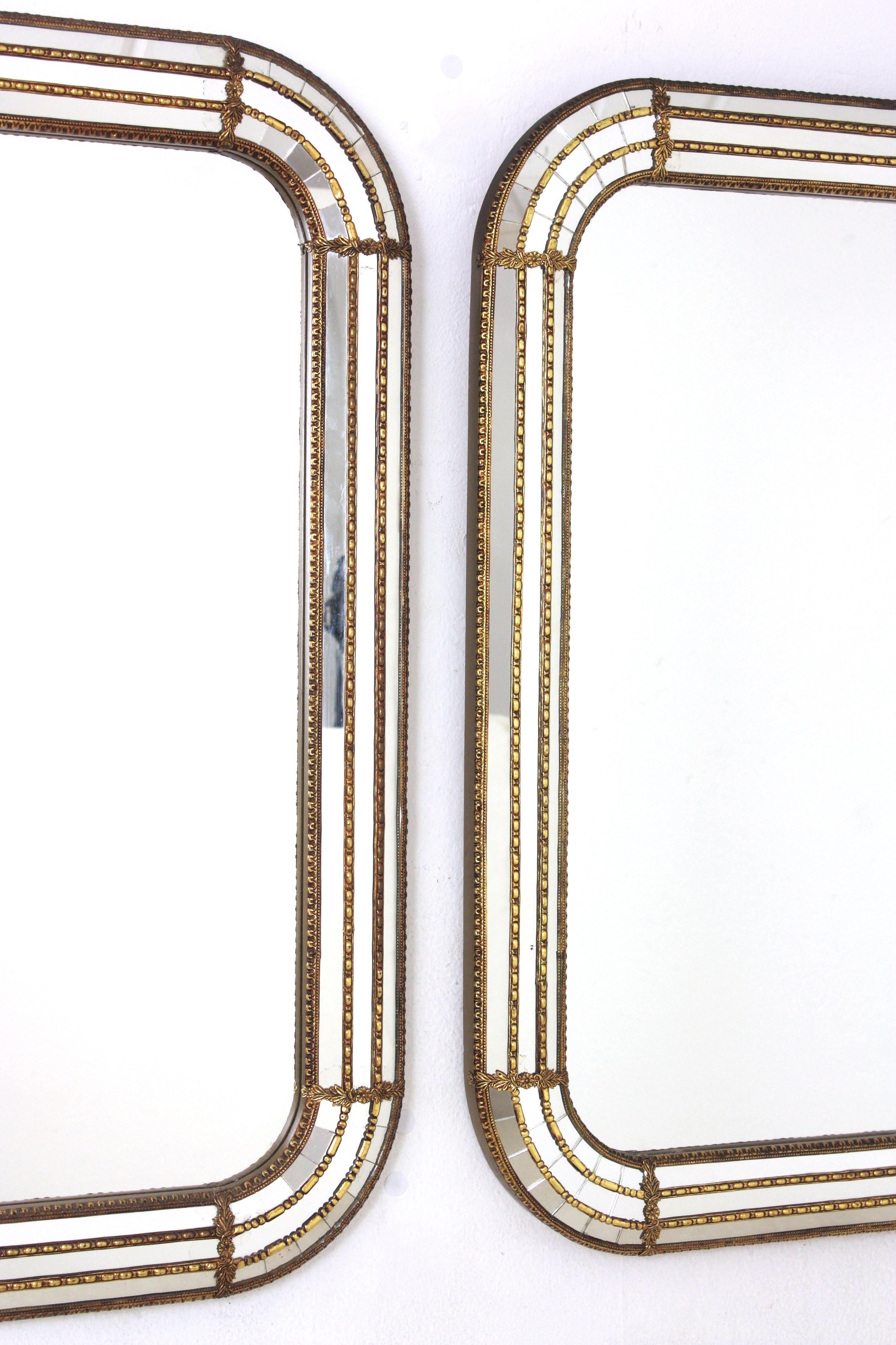 Spanish Pair of Venetian Modern Rectangular Mirrors with Brass Details