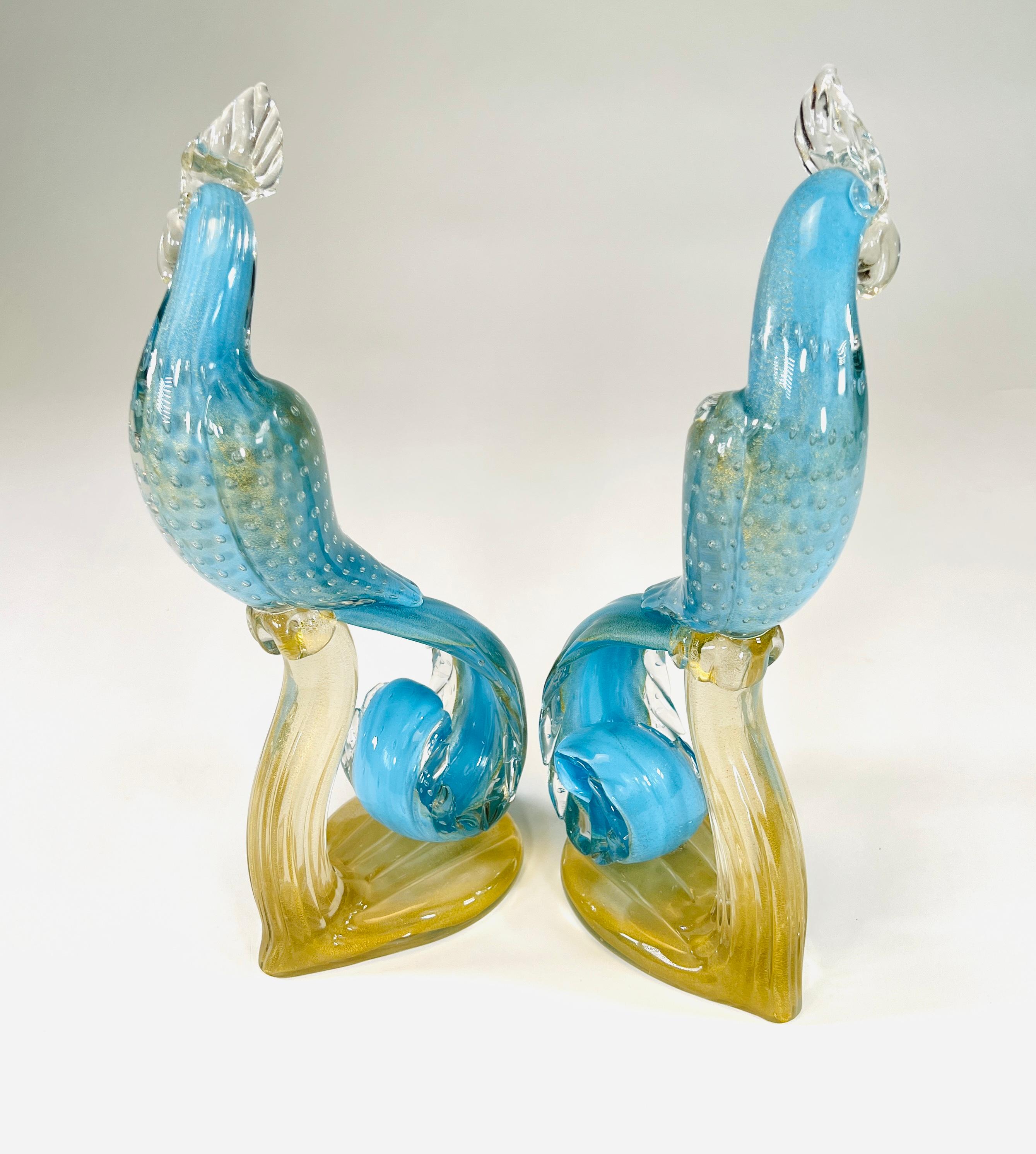 Italian Pair of Venetian/Murano Barbini Turquoise Exotic Bird Sculptures For Sale