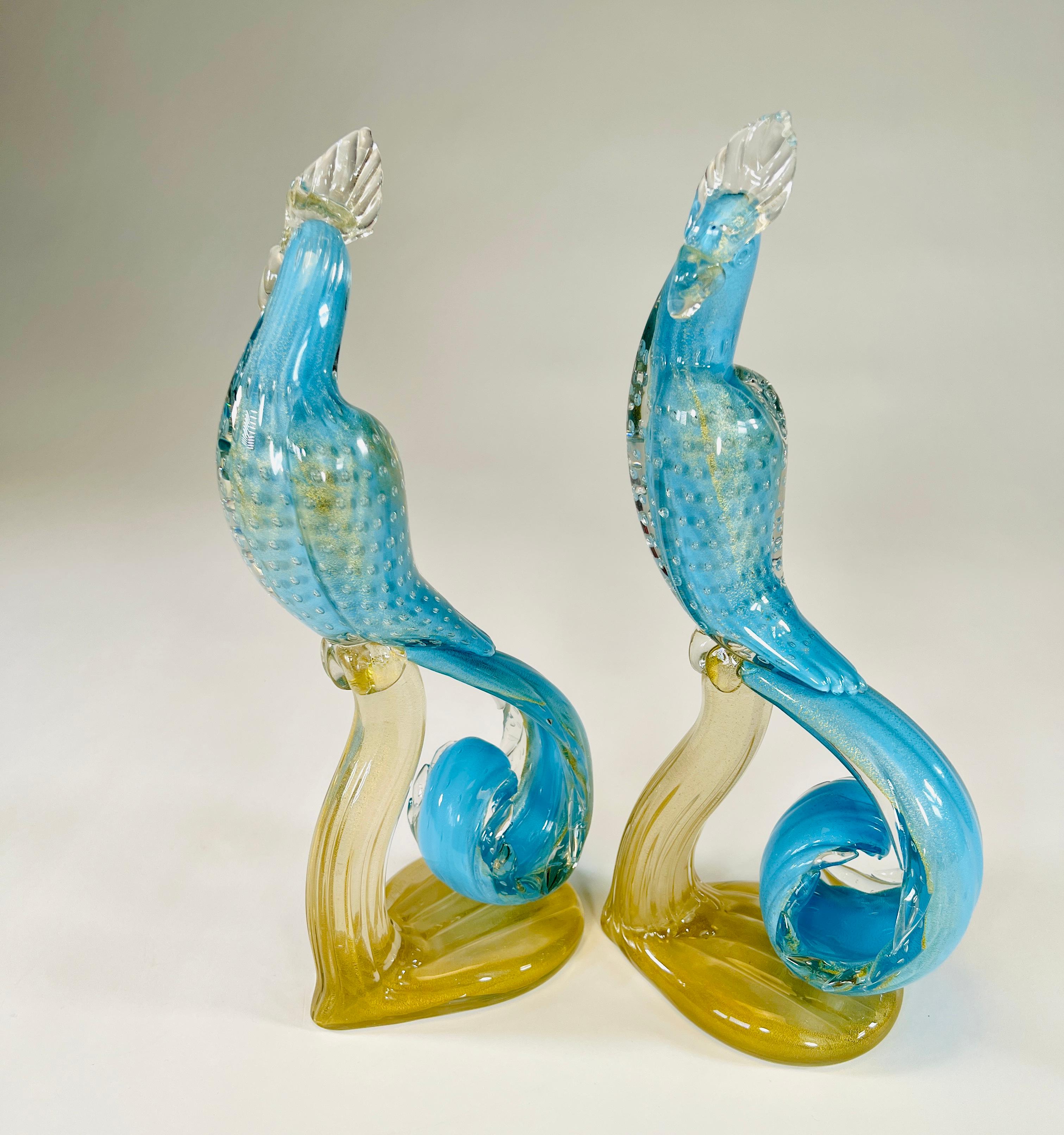Crystal Pair of Venetian/Murano Barbini Turquoise Exotic Bird Sculptures For Sale