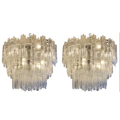 Pair of Venetian Murano Clear and White Glass Chandeliers, Italy, circa 1970s