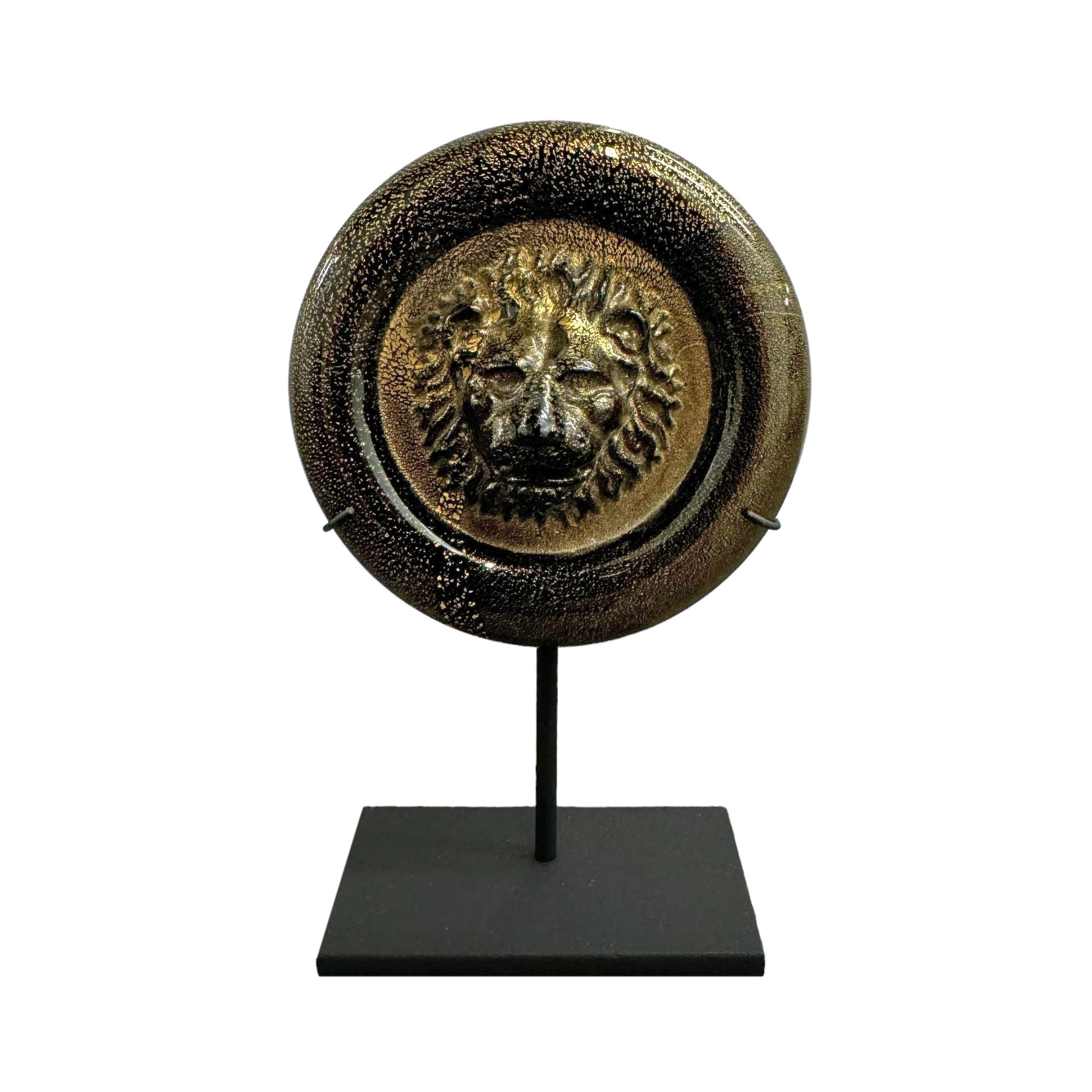 Modern Pair of Venetian Murano Glass Lion Medallions on Custom Steel Mounts
