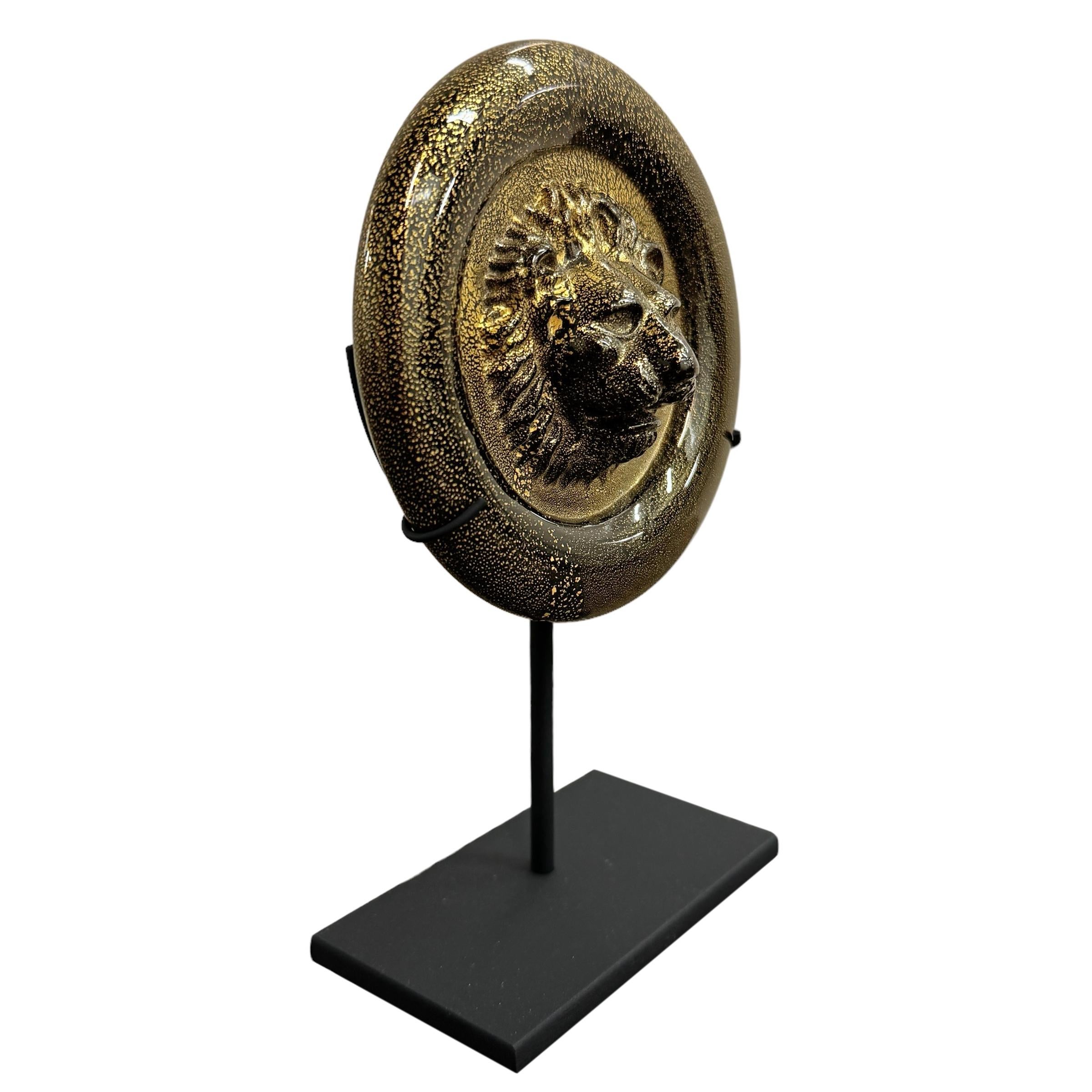 Italian Pair of Venetian Murano Glass Lion Medallions on Custom Steel Mounts