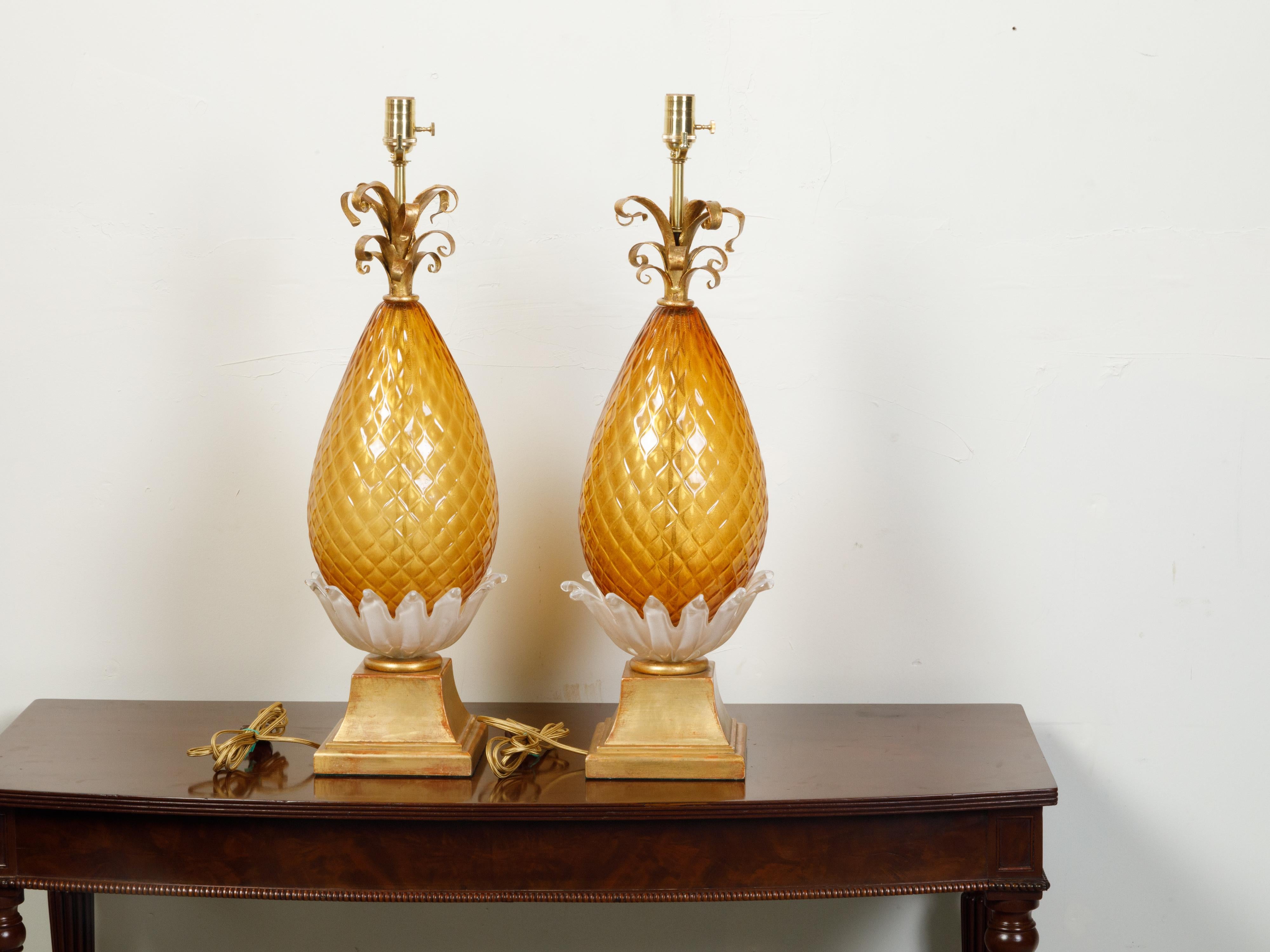 Italian Pair of Venetian Murano Glass Pineapple Style Table Lamps with Gilt Scrolls For Sale