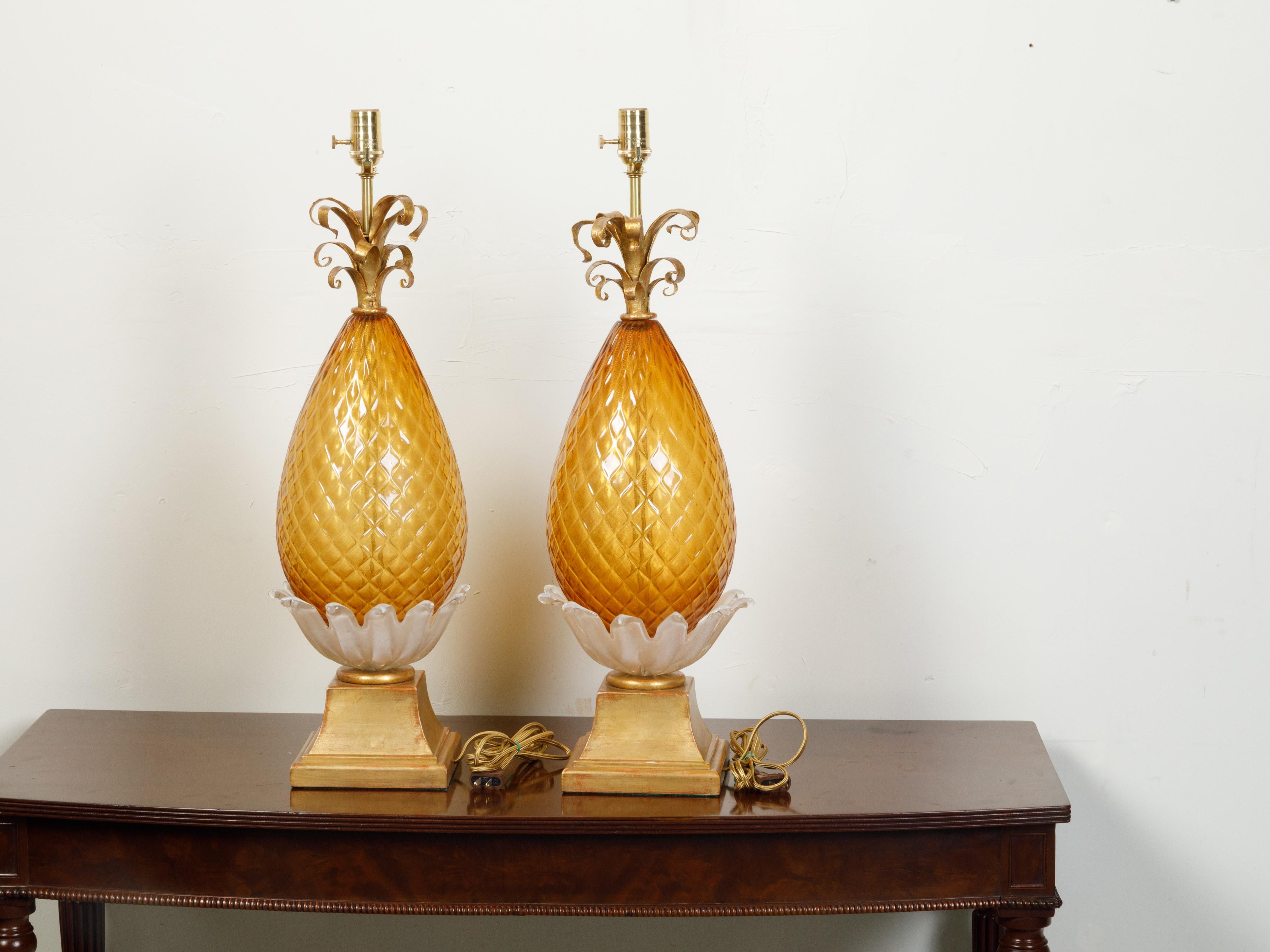 20th Century Pair of Venetian Murano Glass Pineapple Style Table Lamps with Gilt Scrolls For Sale