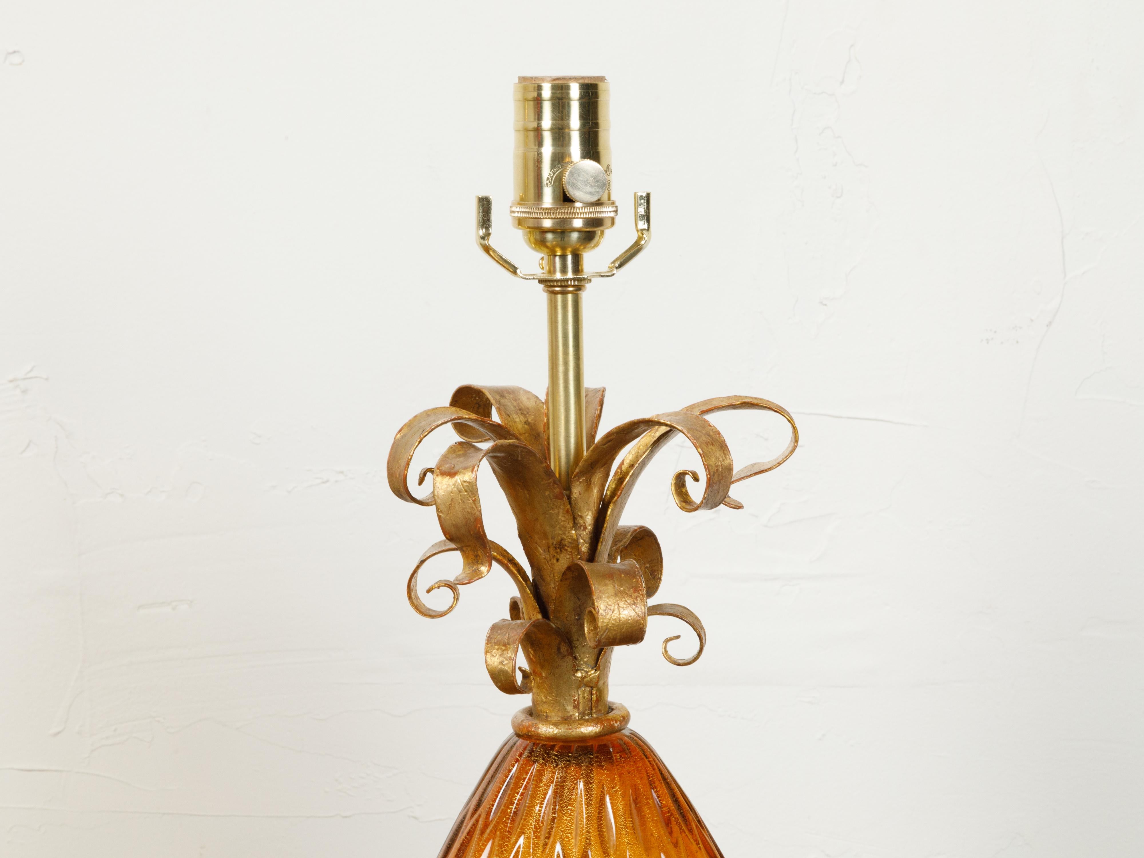 Metal Pair of Venetian Murano Glass Pineapple Style Table Lamps with Gilt Scrolls For Sale