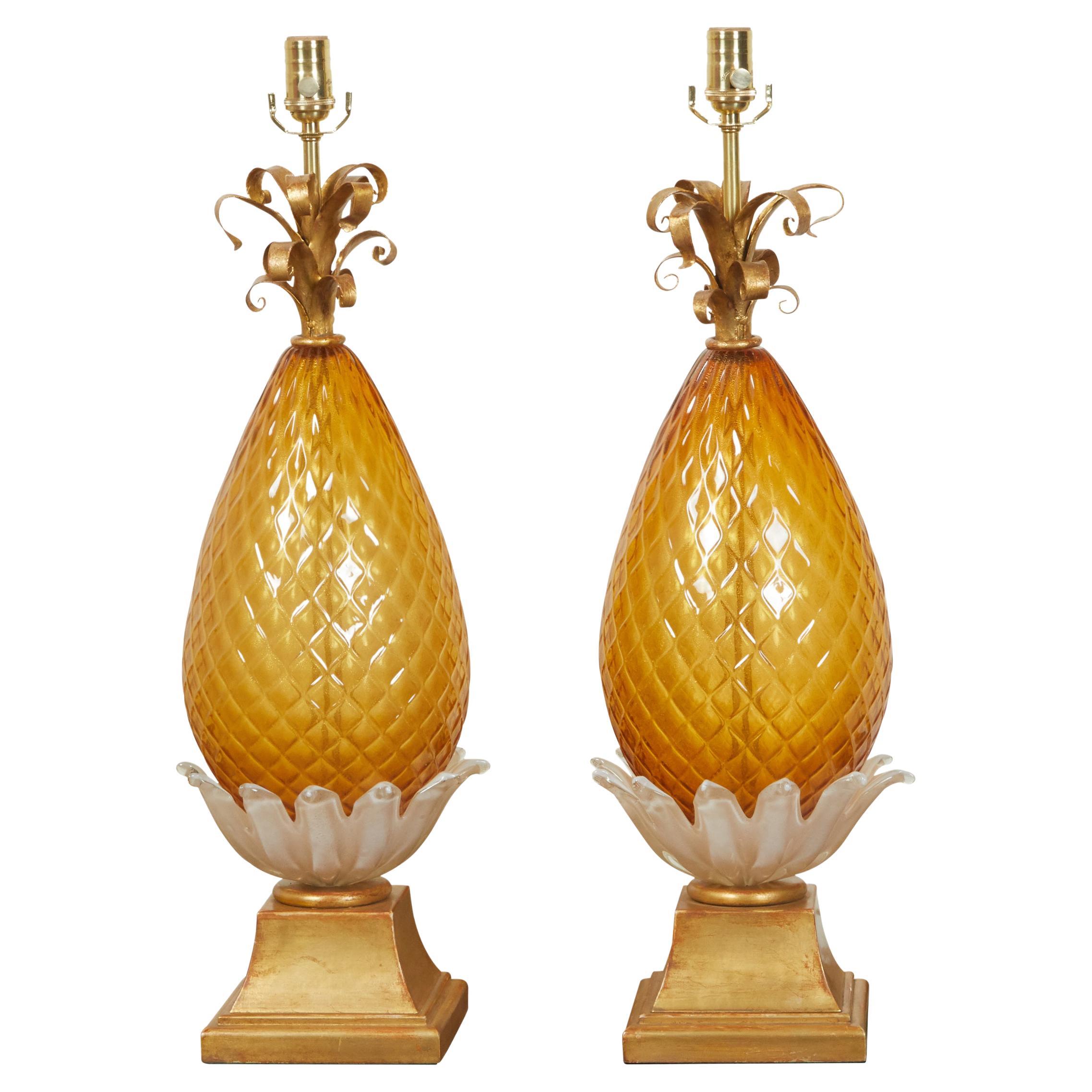 Pair of Venetian Murano Glass Pineapple Style Table Lamps with Gilt Scrolls For Sale