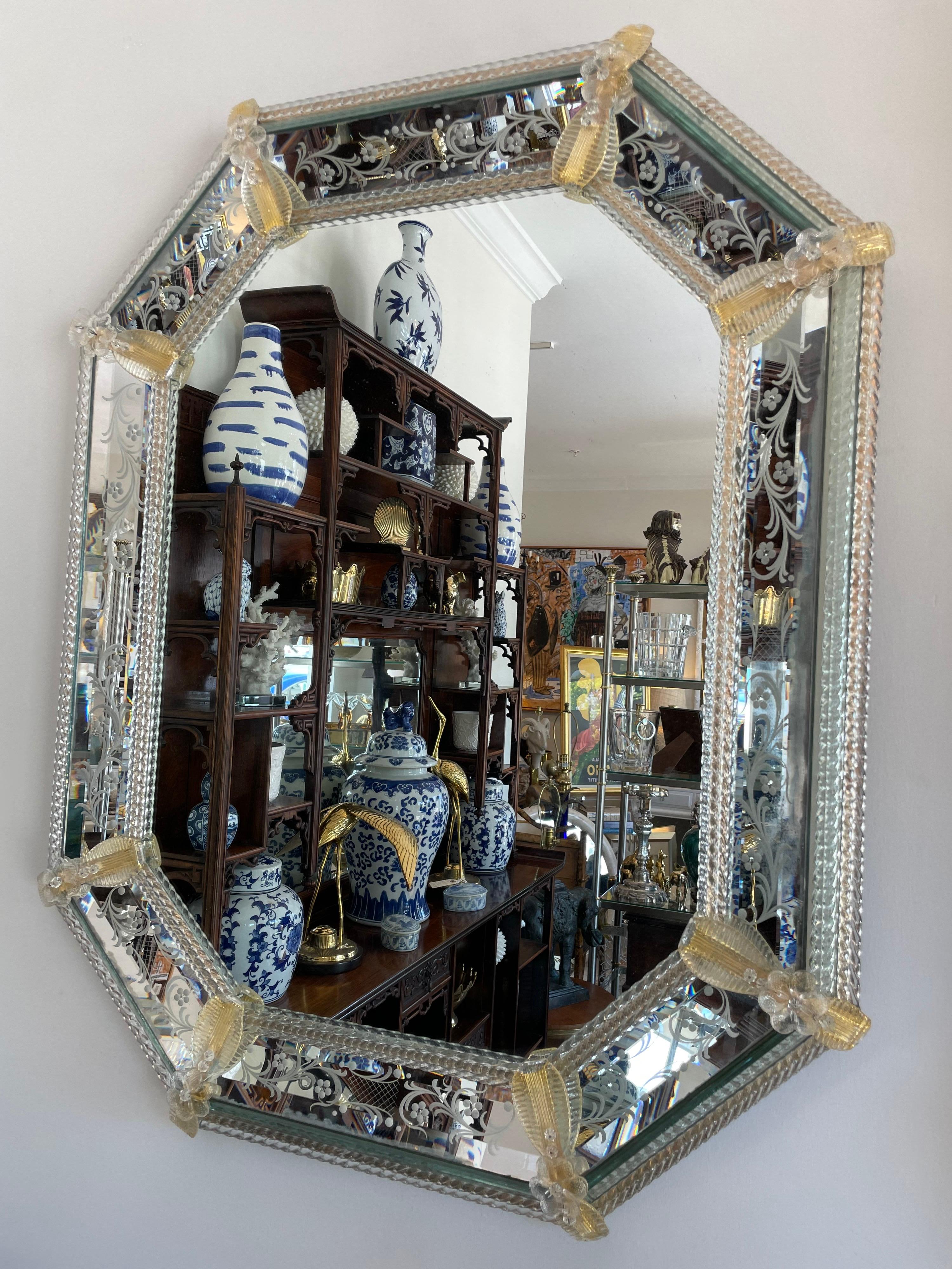 Pair of octagon shaped vintage Venetian Murano mirrors.