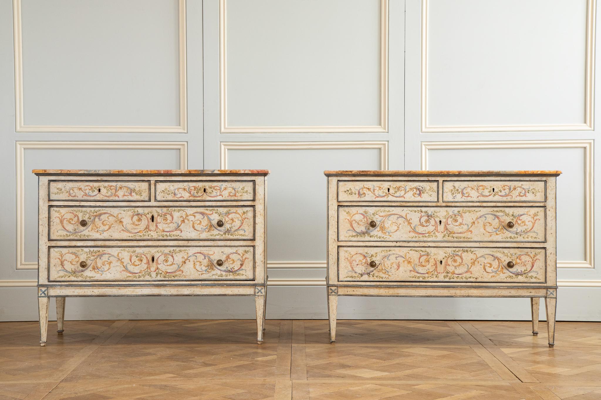 Italian Pair of Venetian Neoclassical Hand Painted Commodes For Sale