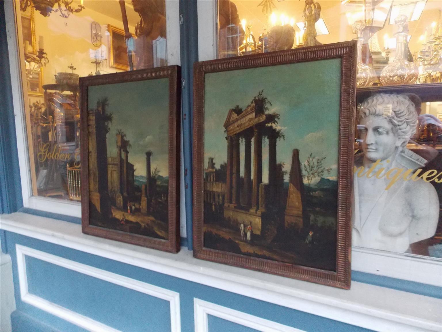Pair of Venetian oil on canvas paintings of architectural ruins in the original gilt fluted beaded frames with original rear stretchers. Early 19th century.