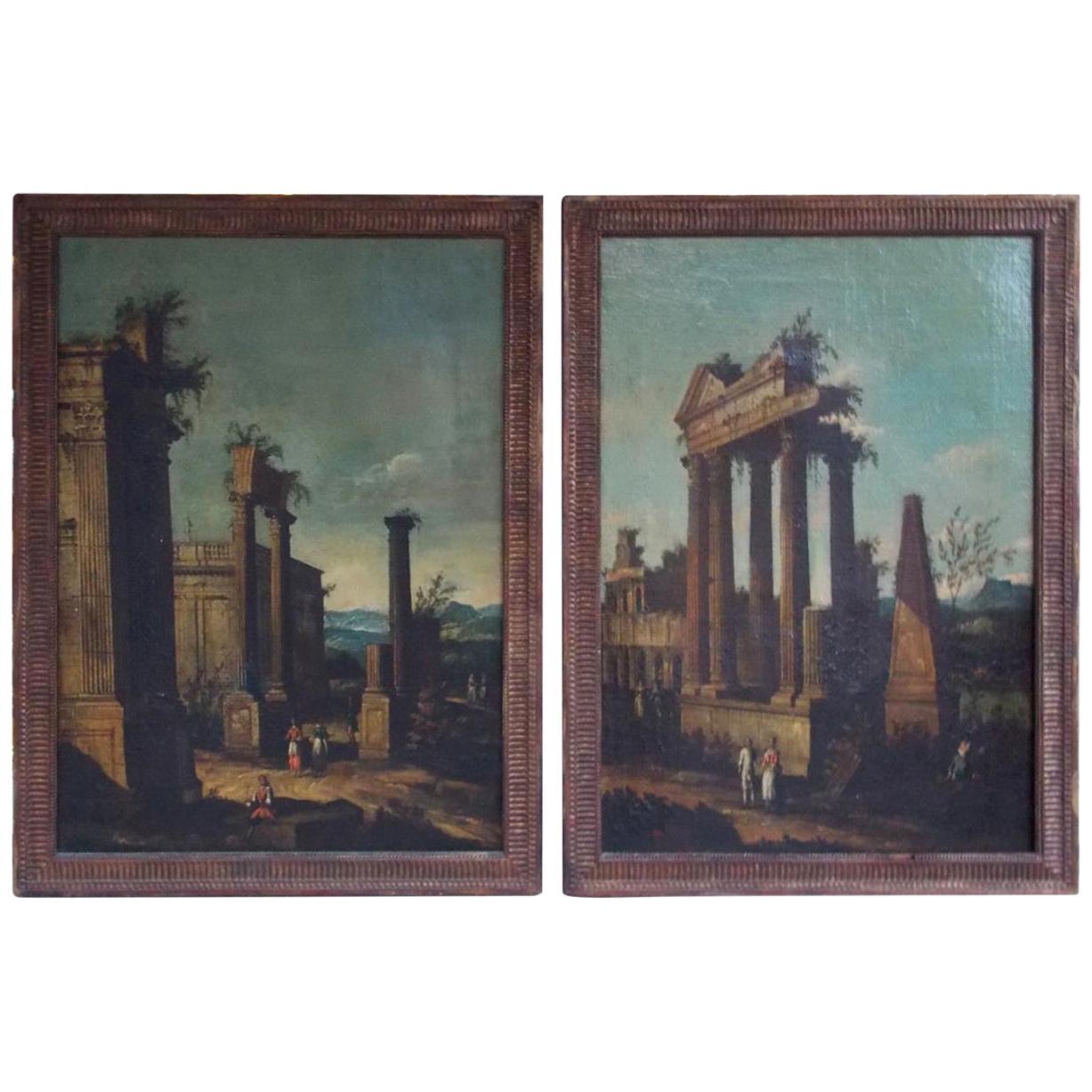 Pair of Venetian Oil on Canvas Paintings in Original Gilt Frames, Circa 1820
