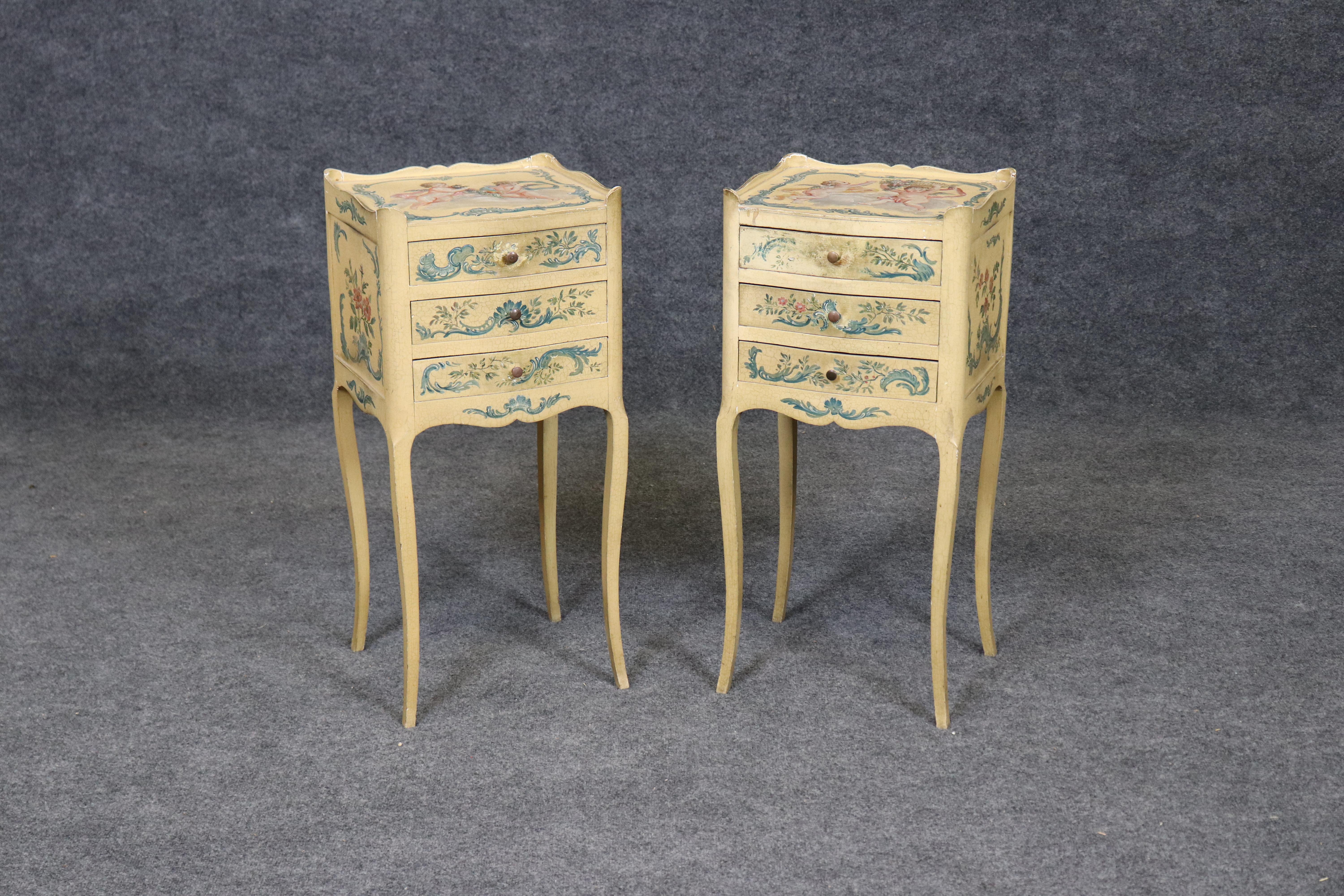 This is a beautifully paint decorated Italian-made Louis xv style pair of night stands. The stands are distressed and will show signs of age, cracks in the finish, the finish will show darkened areas around the knobs from hand-oils and use. The