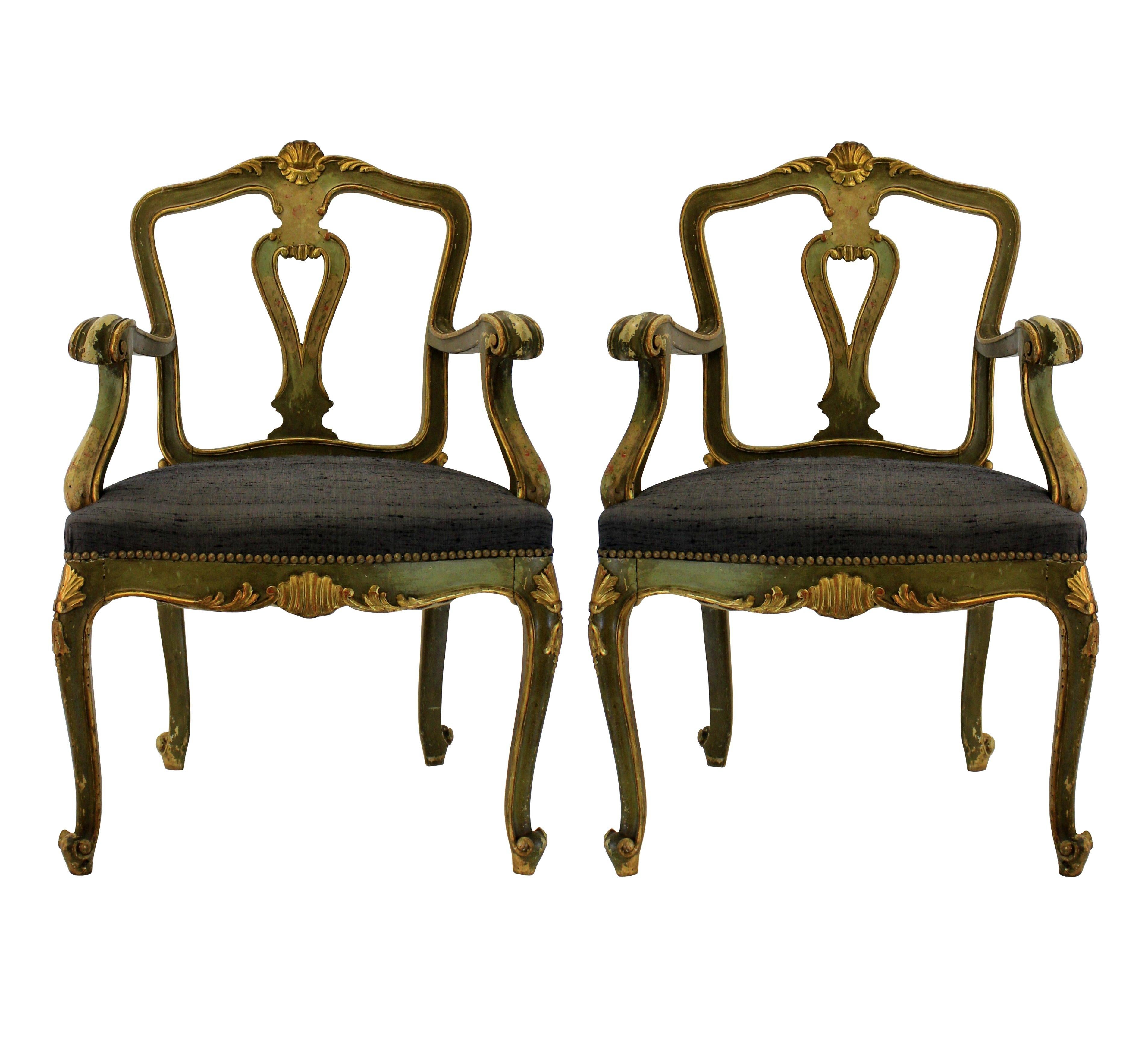 Pair of Venetian Painted and Gilded Armchairs In Good Condition In London, GB